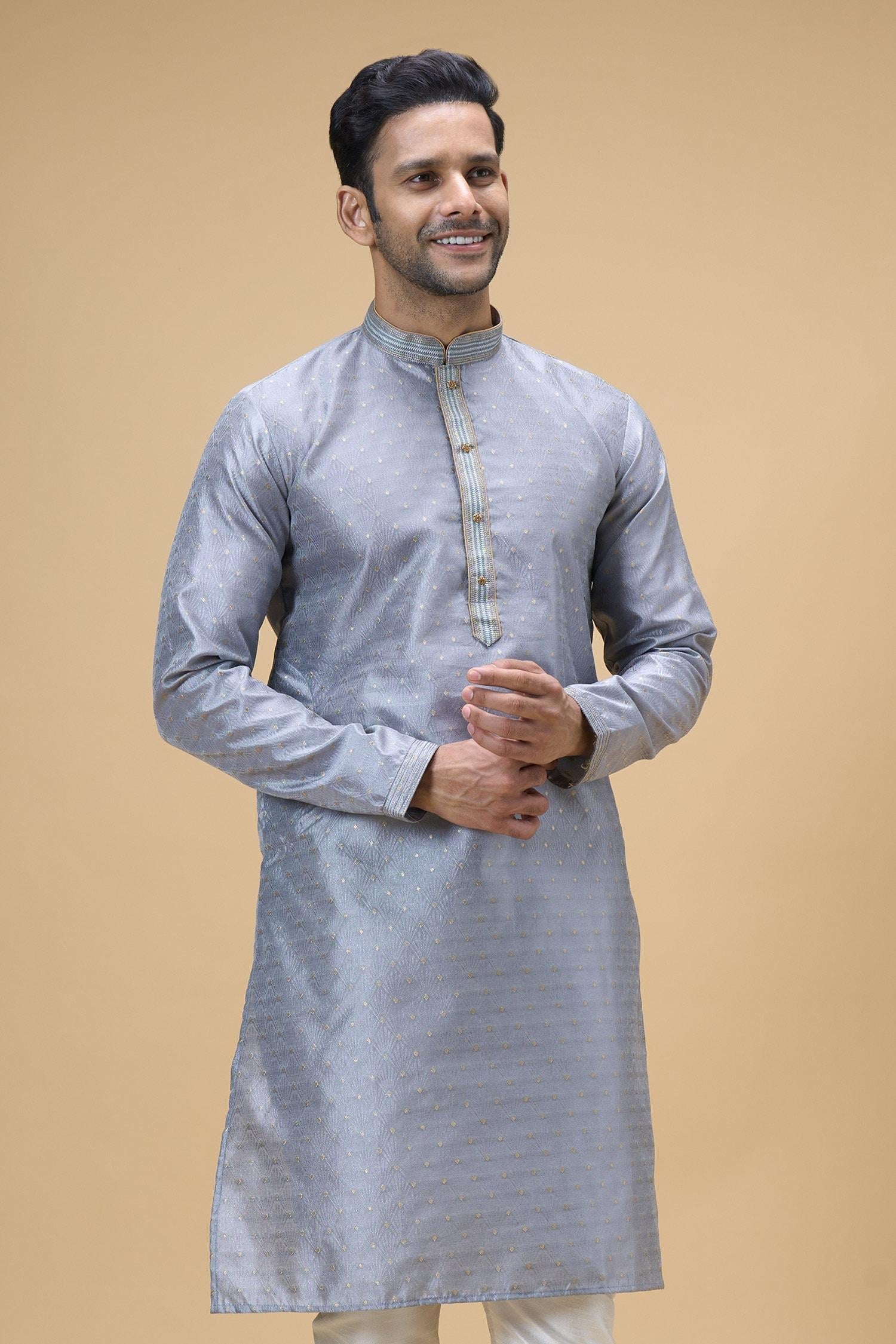 Kurta With Churidar Grey Jacquard Silk Ray Bloom Woven