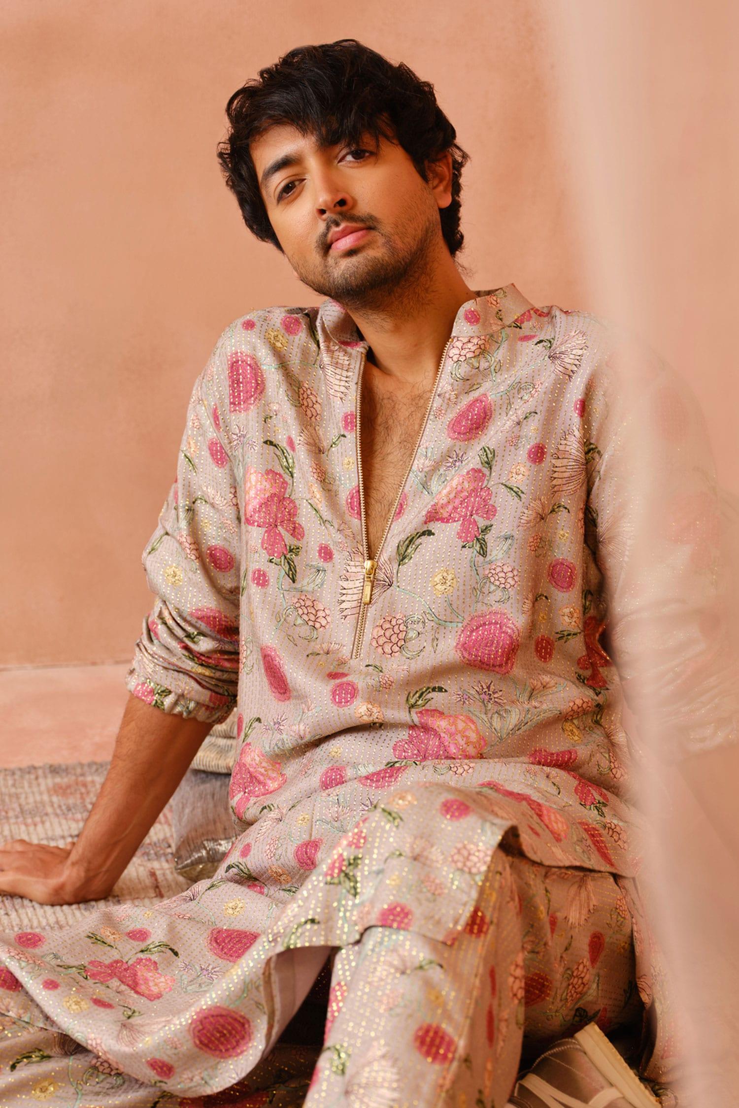 Kurta And Jogger Pant Set Grey Lurex Embroidery Gulbagh Print Bomber