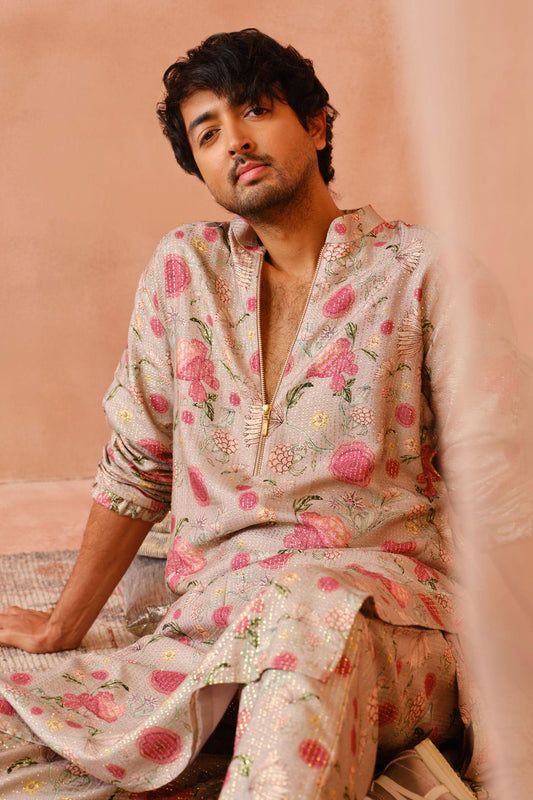 Kurta And Jogger Pant Set Grey Lurex Embroidery Gulbagh Print Bomber