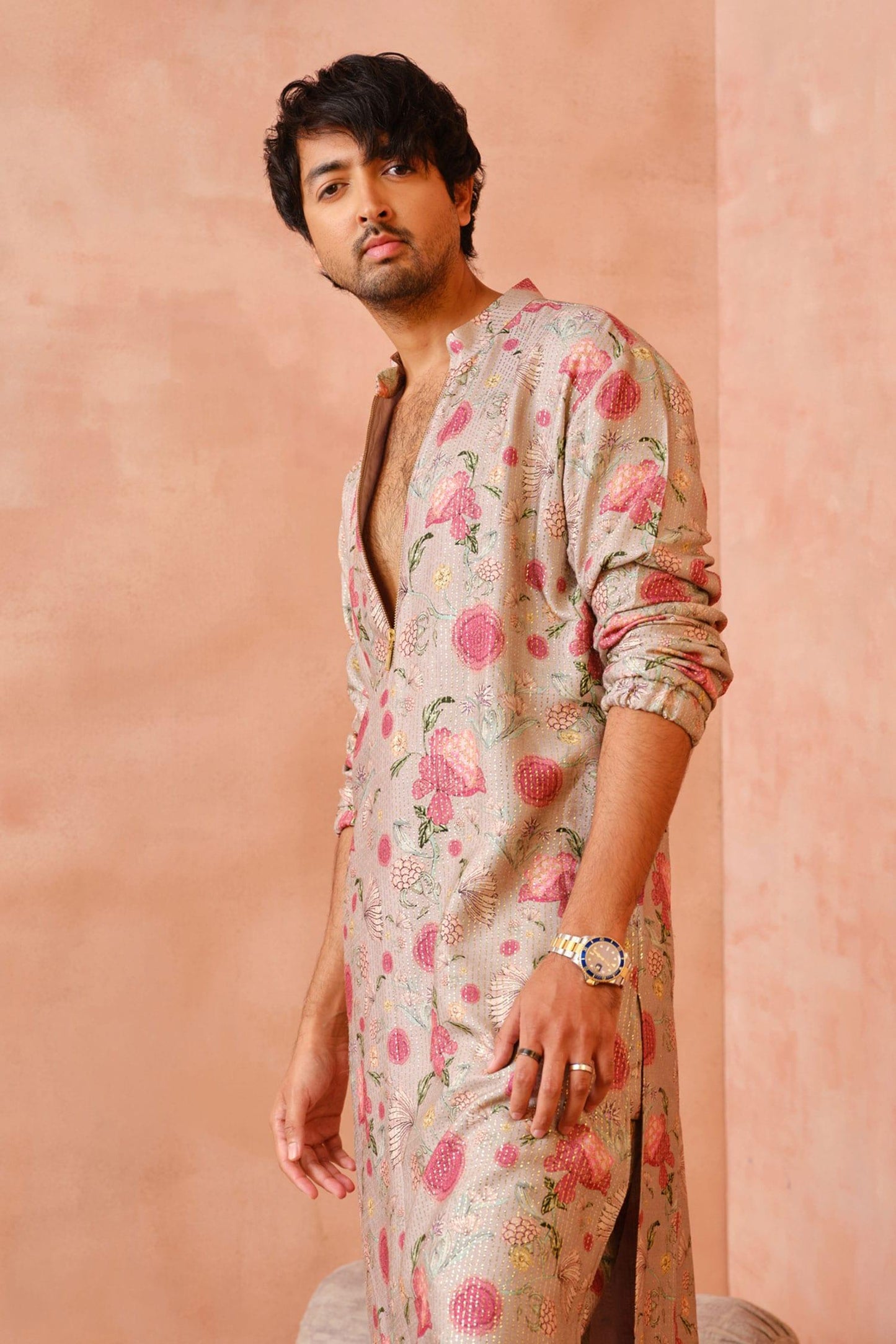 Kurta And Jogger Pant Set Grey Lurex Embroidery Gulbagh Print Bomber