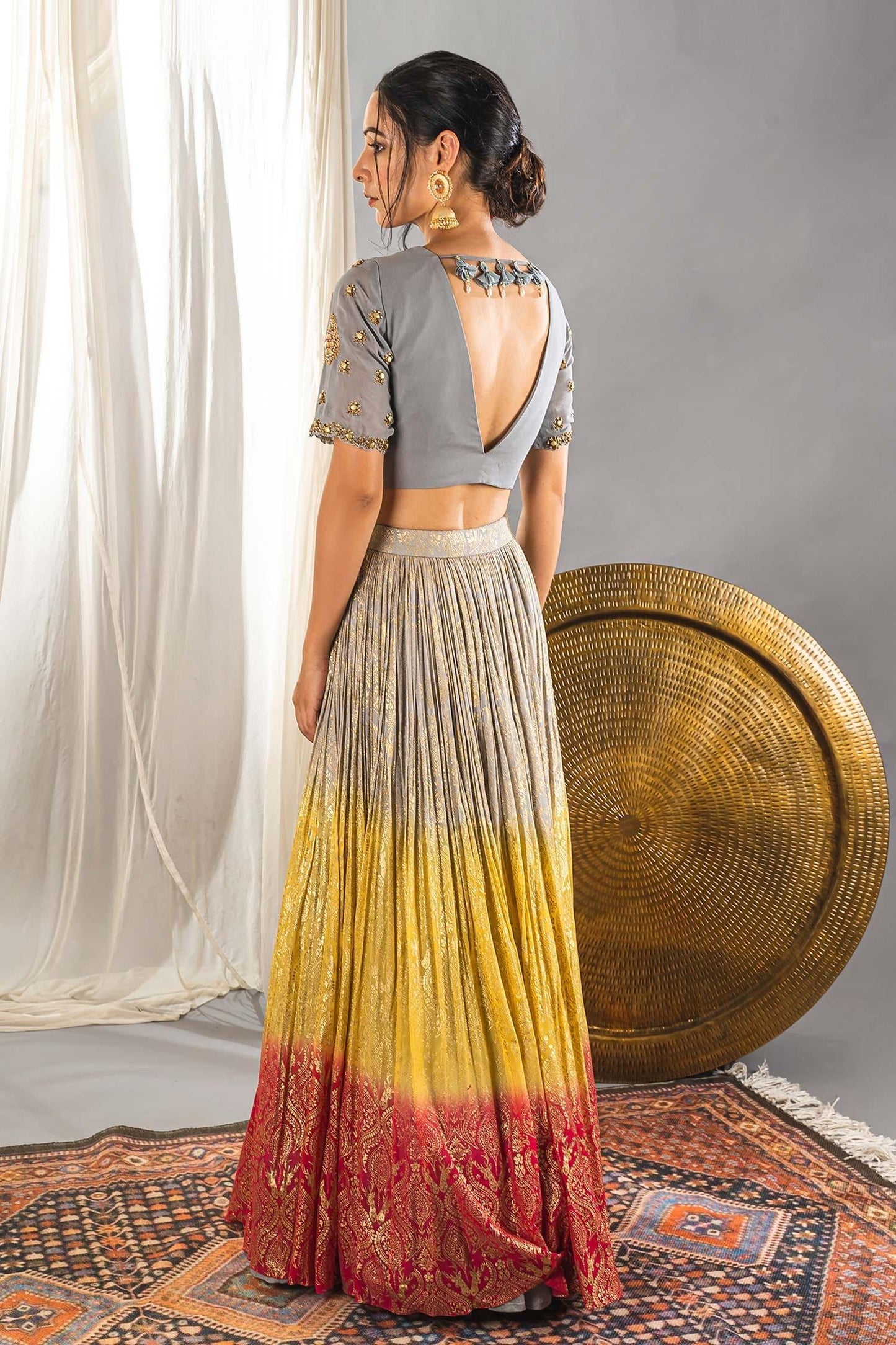 Grey Silk Blend Cutdana And Sequin, Foil Print, Beads V Neck Ombre Lehenga Set - Designer Kurta Set