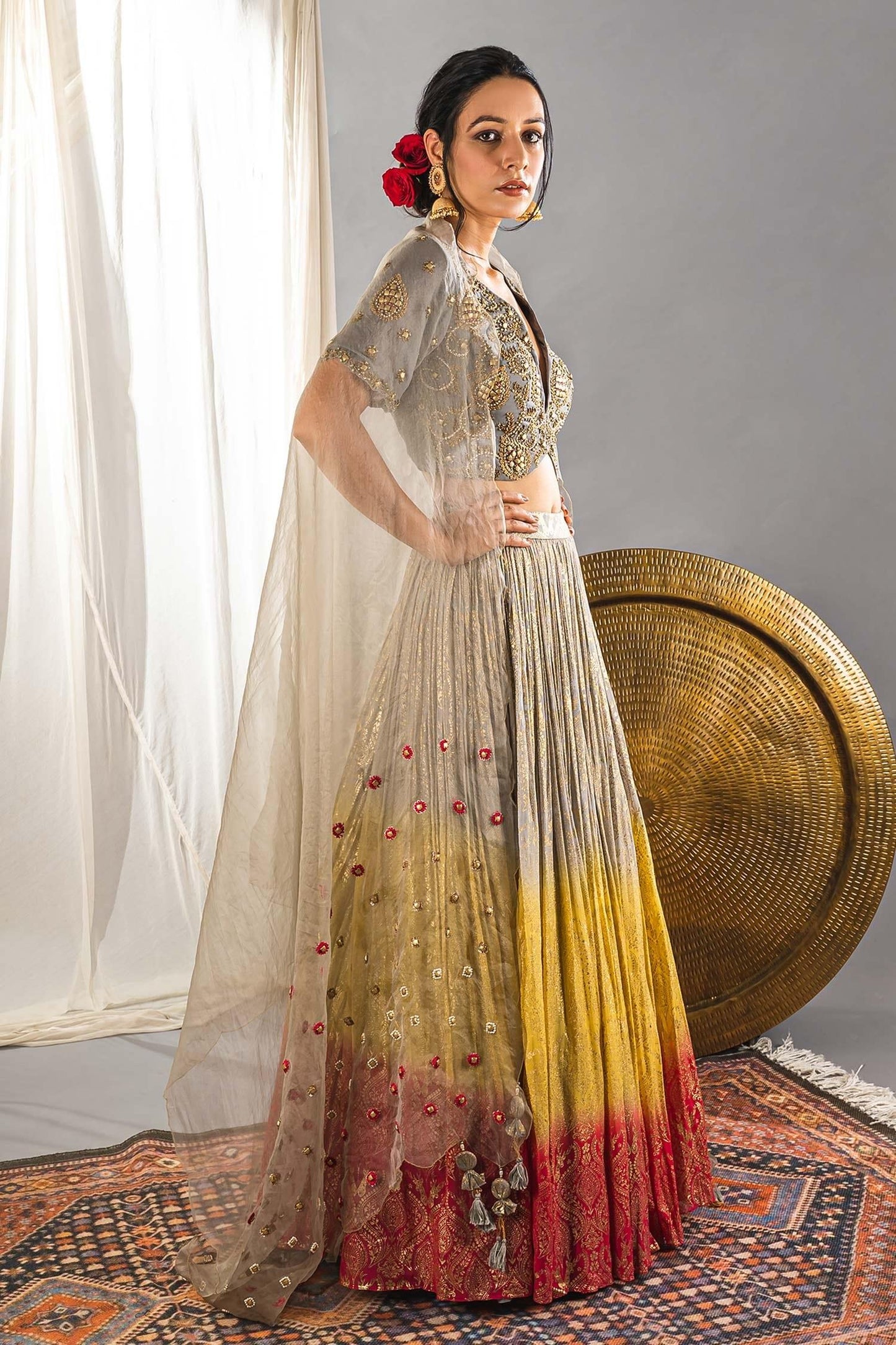 Grey Silk Blend Cutdana And Sequin, Foil Print, Beads V Neck Ombre Lehenga Set - Designer Kurta Set