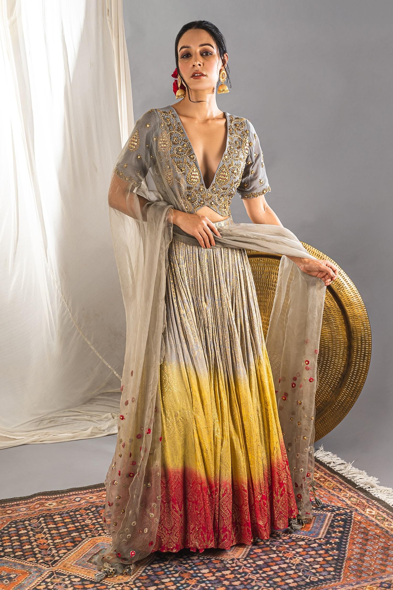 Grey Silk Blend Cutdana And Sequin, Foil Print, Beads V Neck Ombre Lehenga Set - Designer Kurta Set