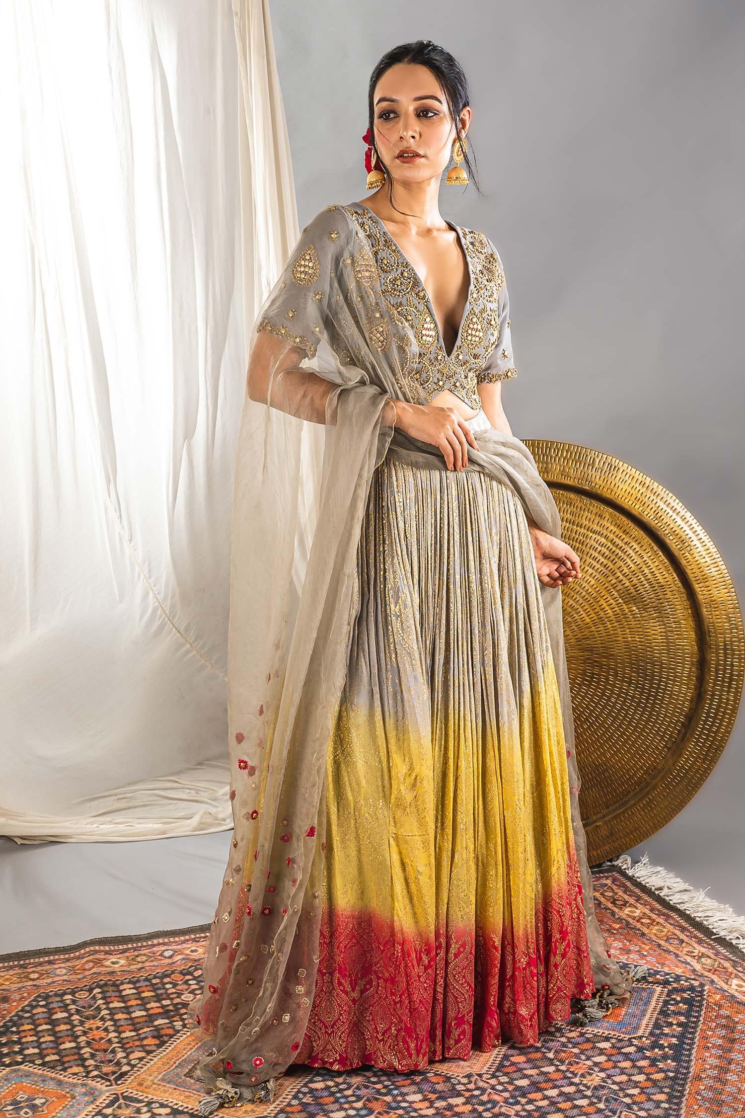 Grey Silk Blend Cutdana And Sequin, Foil Print, Beads V Neck Ombre Lehenga Set - Designer Kurta Set