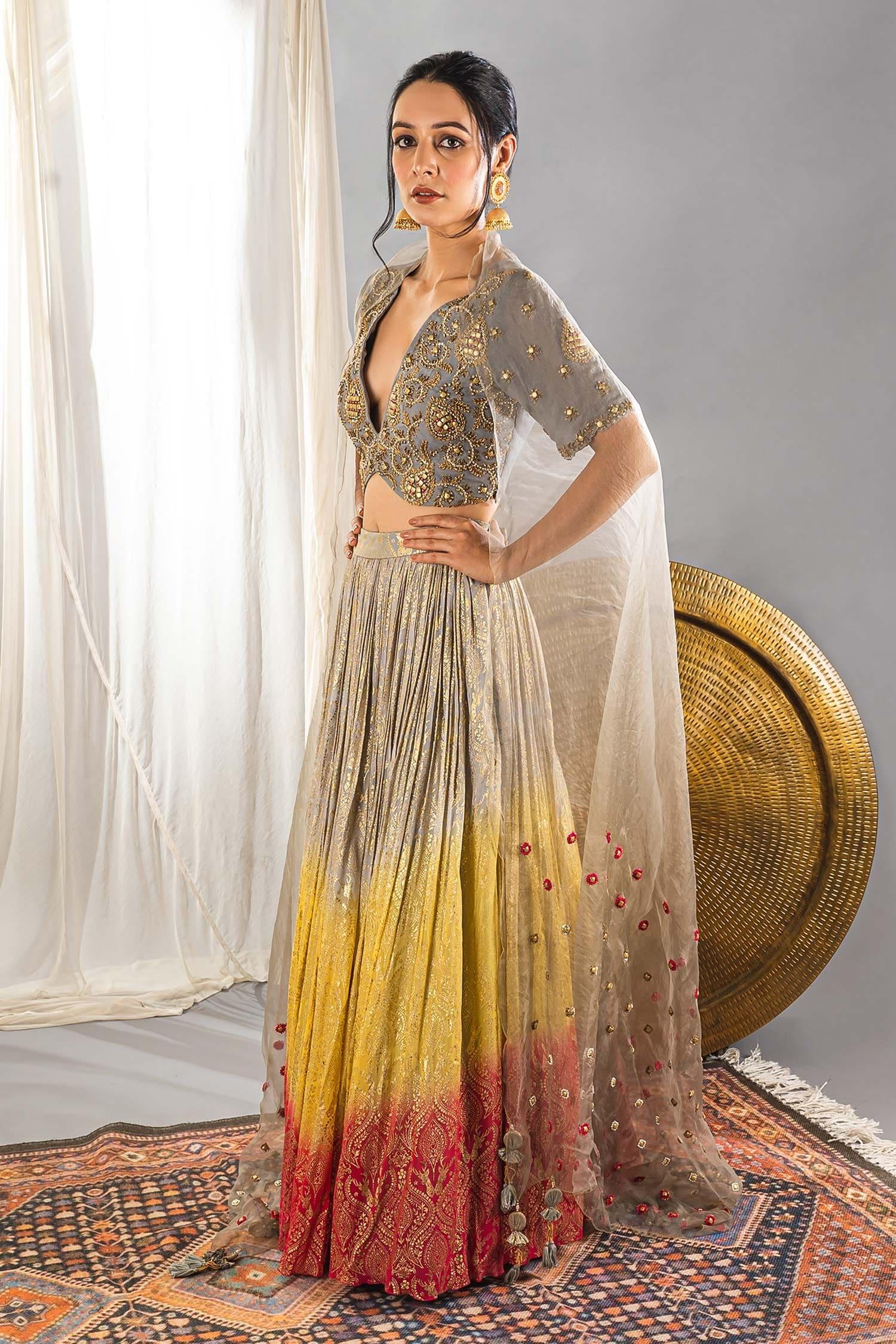 Grey Silk Blend Cutdana And Sequin, Foil Print, Beads V Neck Ombre Lehenga Set - Designer Kurta Set