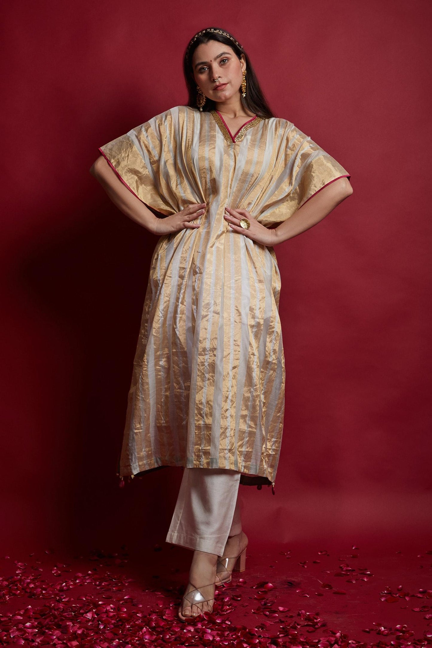 Ivory Chanderi Tassels, Embroidery V-neck Gold Zari Stripe Kaftan And Pants Set