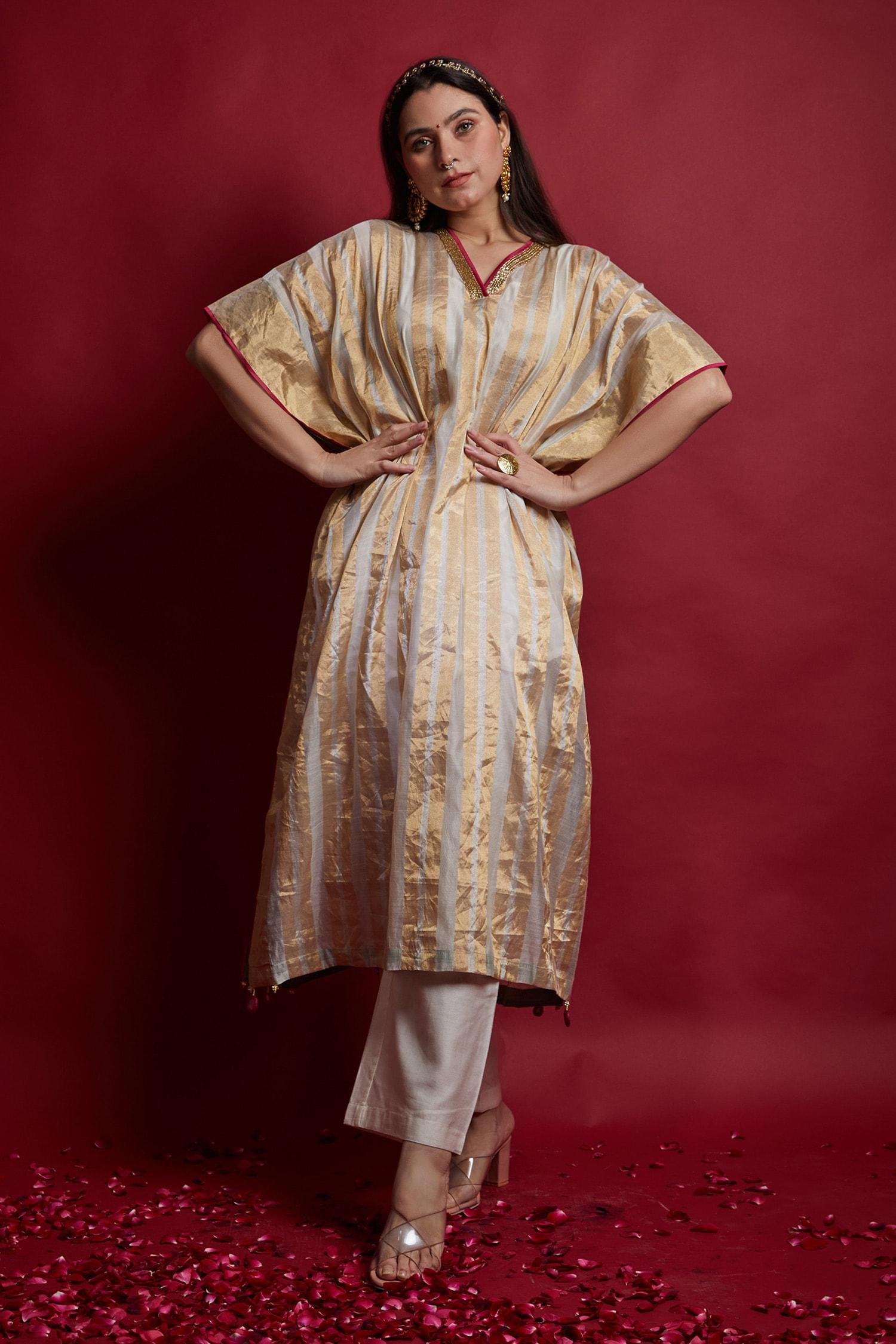 Ivory Chanderi Tassels, Embroidery V-neck Gold Zari Stripe Kaftan And Pants Set