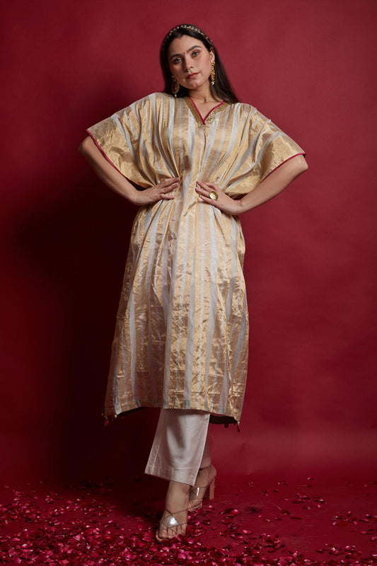 Ivory Chanderi Tassels, Embroidery V-neck Gold Zari Stripe Kaftan And Pants Set
