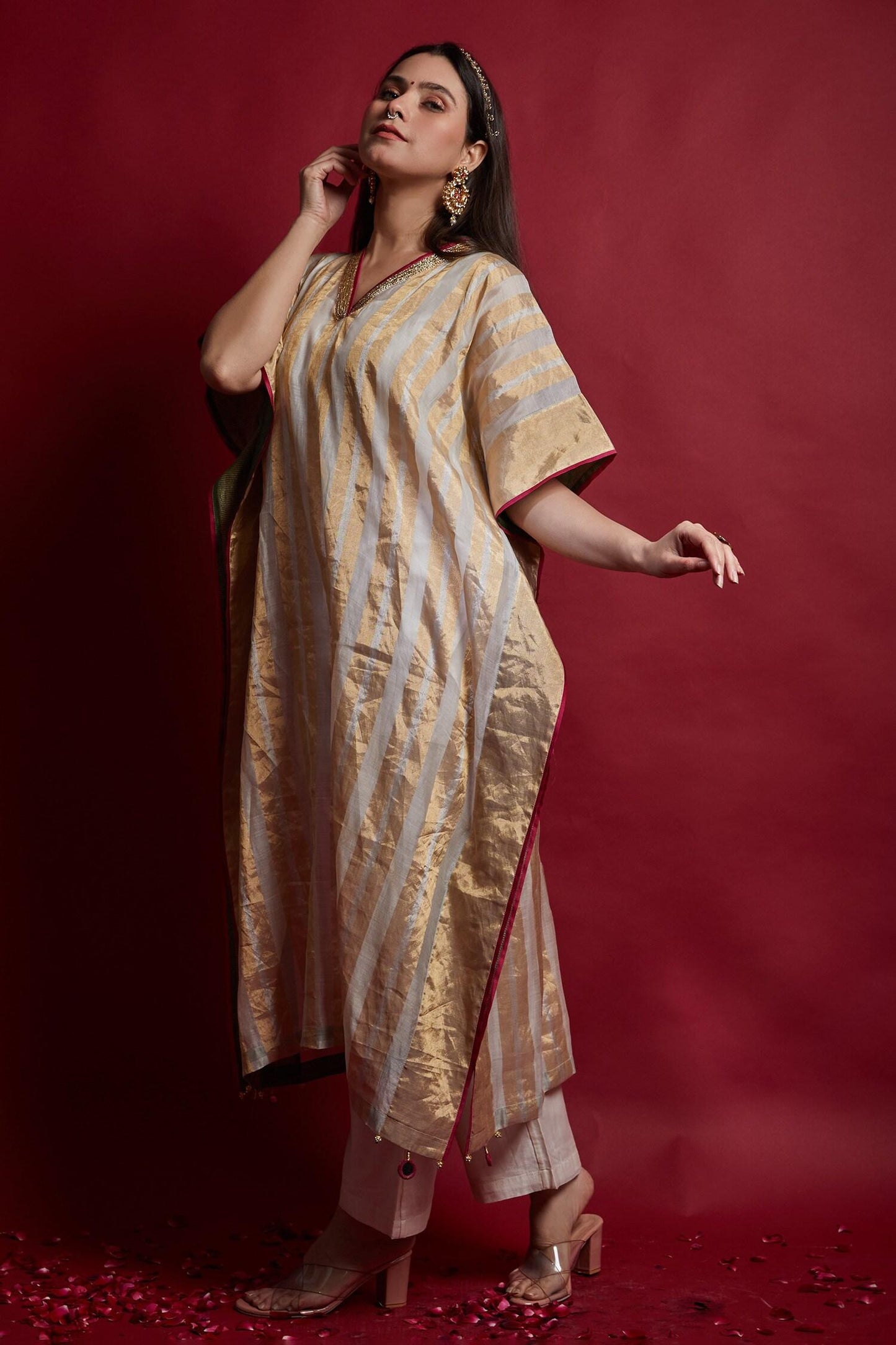 Ivory Chanderi Tassels, Embroidery V-neck Gold Zari Stripe Kaftan And Pants Set