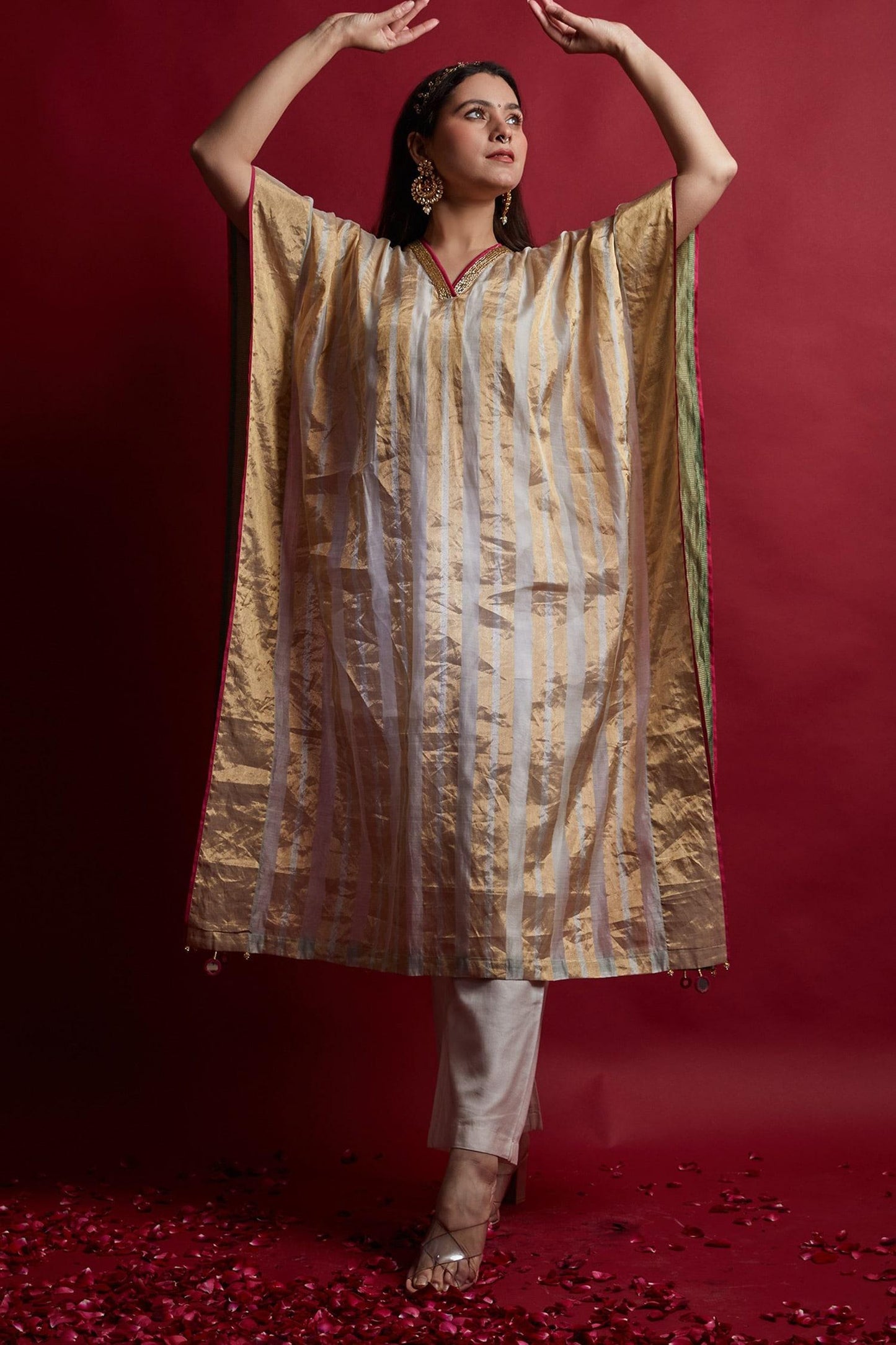 Ivory Chanderi Tassels, Embroidery V-neck Gold Zari Stripe Kaftan And Pants Set