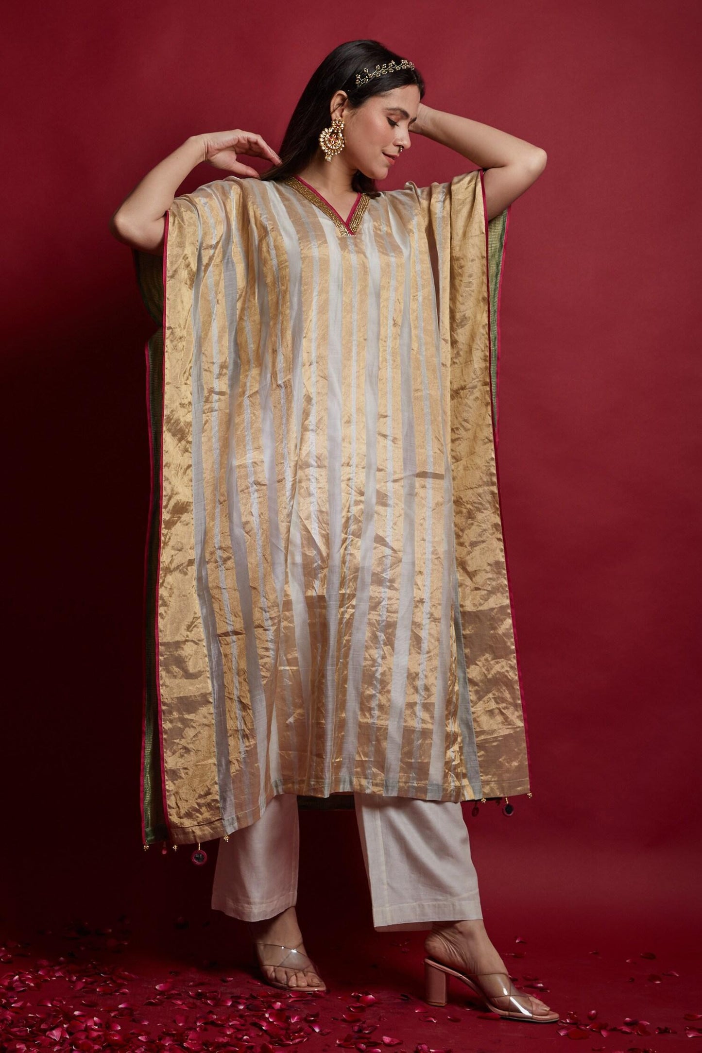 Ivory Chanderi Tassels, Embroidery V-neck Gold Zari Stripe Kaftan And Pants Set
