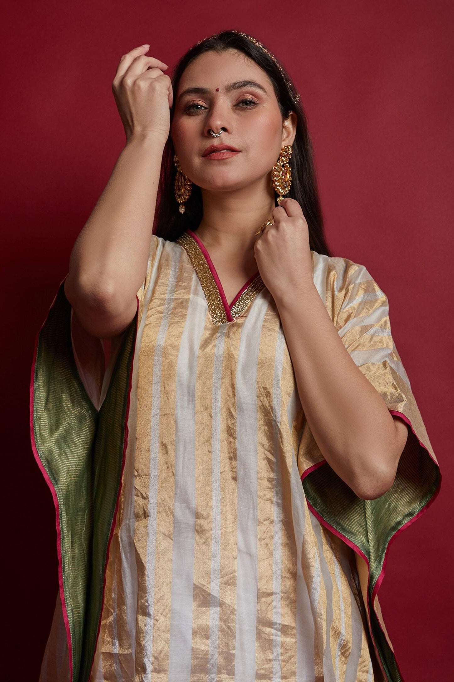 Ivory Chanderi Tassels, Embroidery V-neck Gold Zari Stripe Kaftan And Pants Set