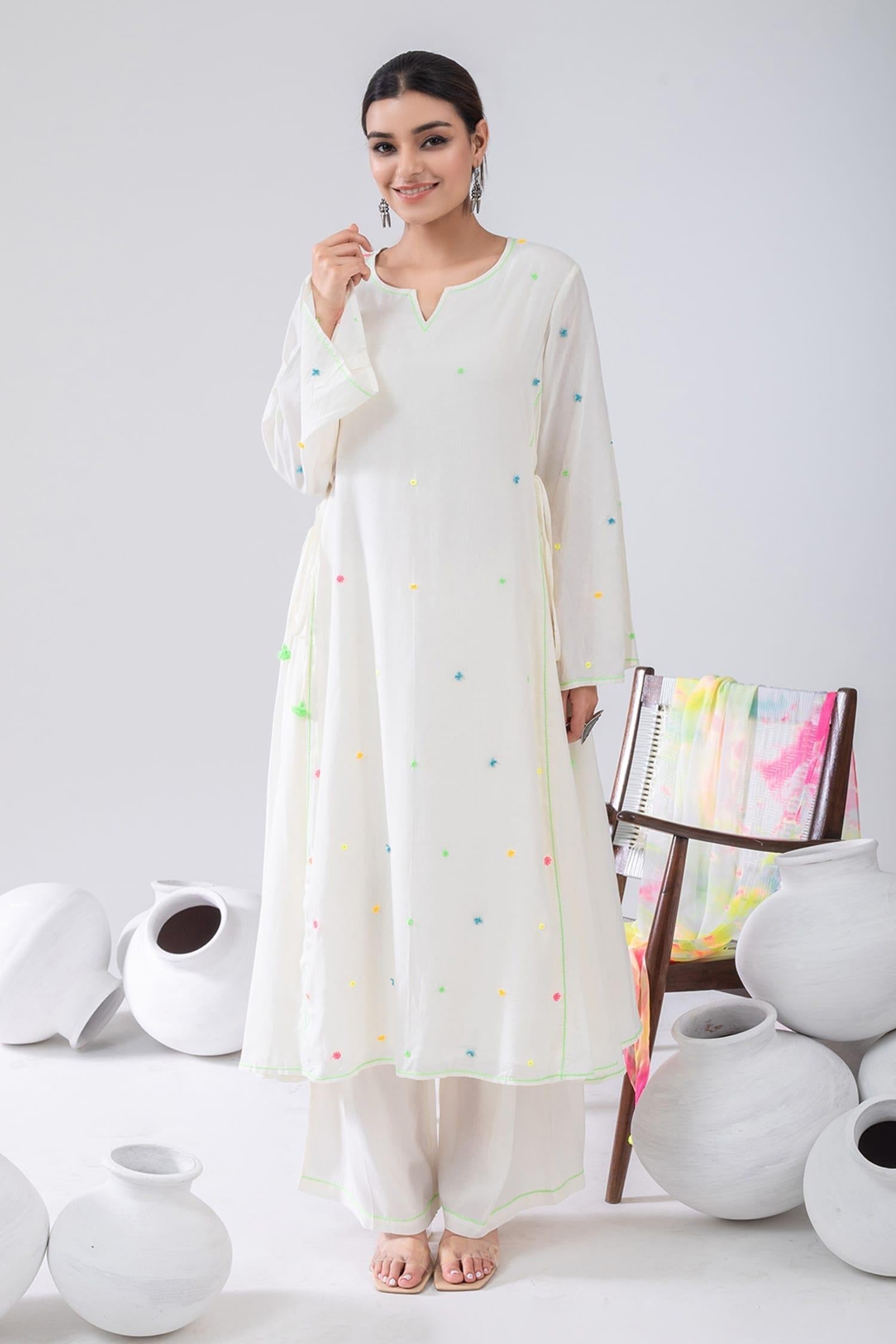 Ivory Cotton, Chiffon Tassels, Embroidery Split Thread Anarkali And Palazzo Set - Designer Kurta Set