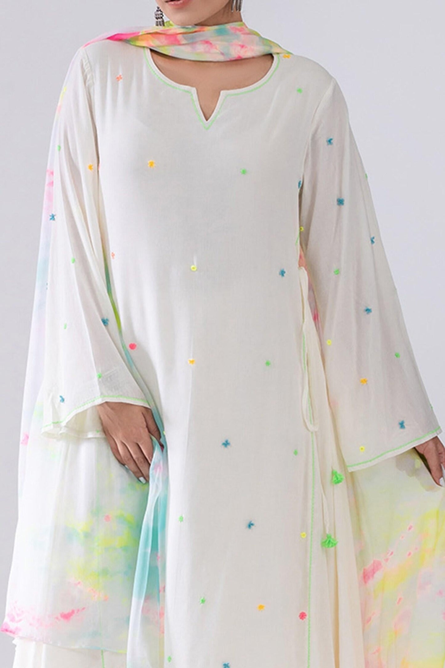 Ivory Cotton, Chiffon Tassels, Embroidery Split Thread Anarkali And Palazzo Set - Designer Kurta Set