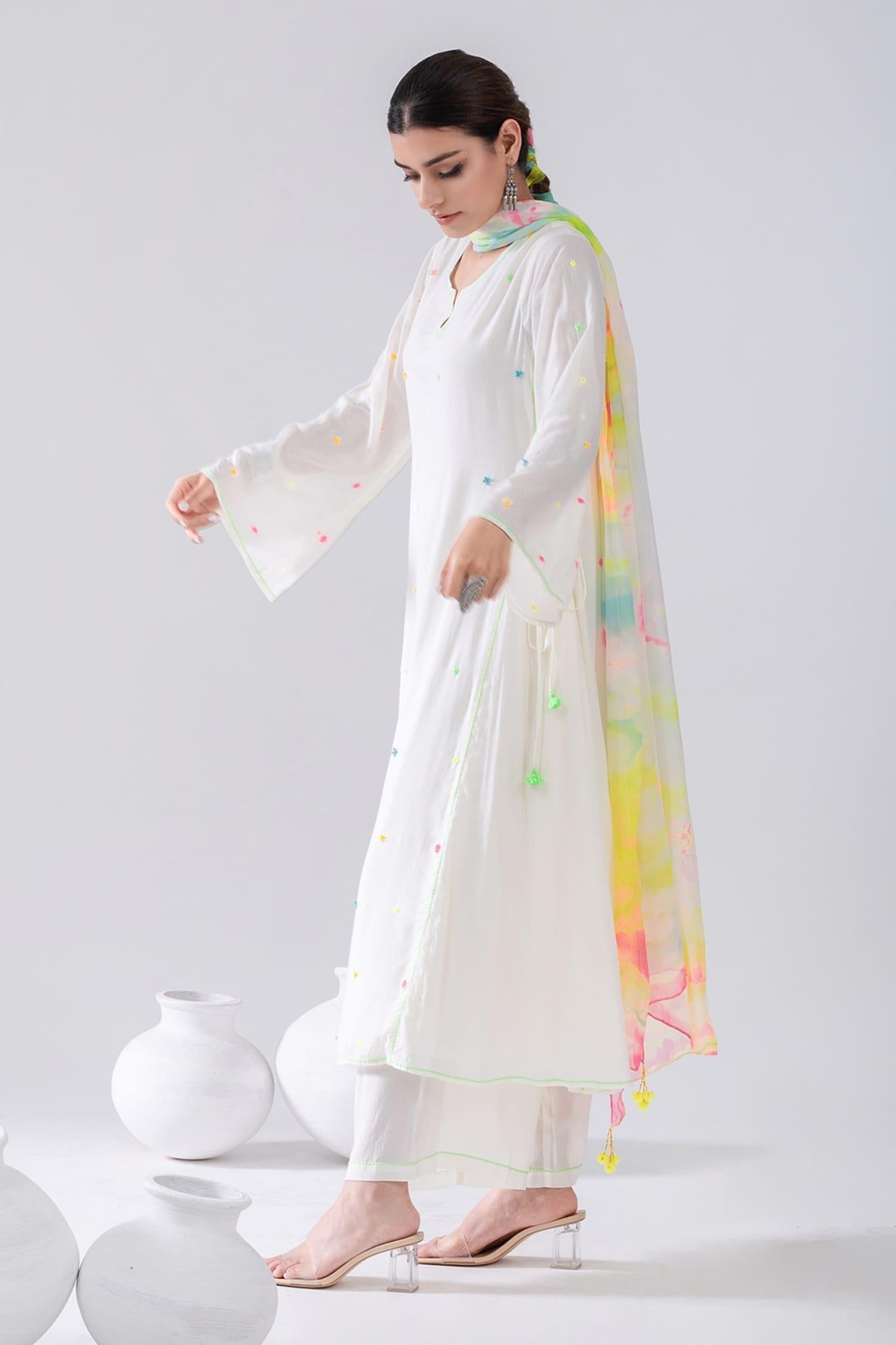 Ivory Cotton, Chiffon Tassels, Embroidery Split Thread Anarkali And Palazzo Set - Designer Kurta Set