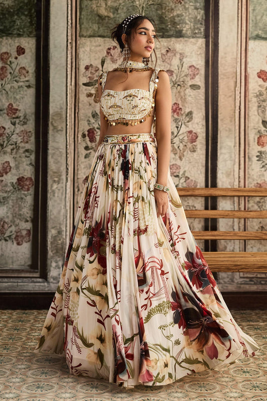 Ivory Crepe, Georgette Sequins, Beads Square Floral Print Designer Lehenga Set - Designer Kurta Set