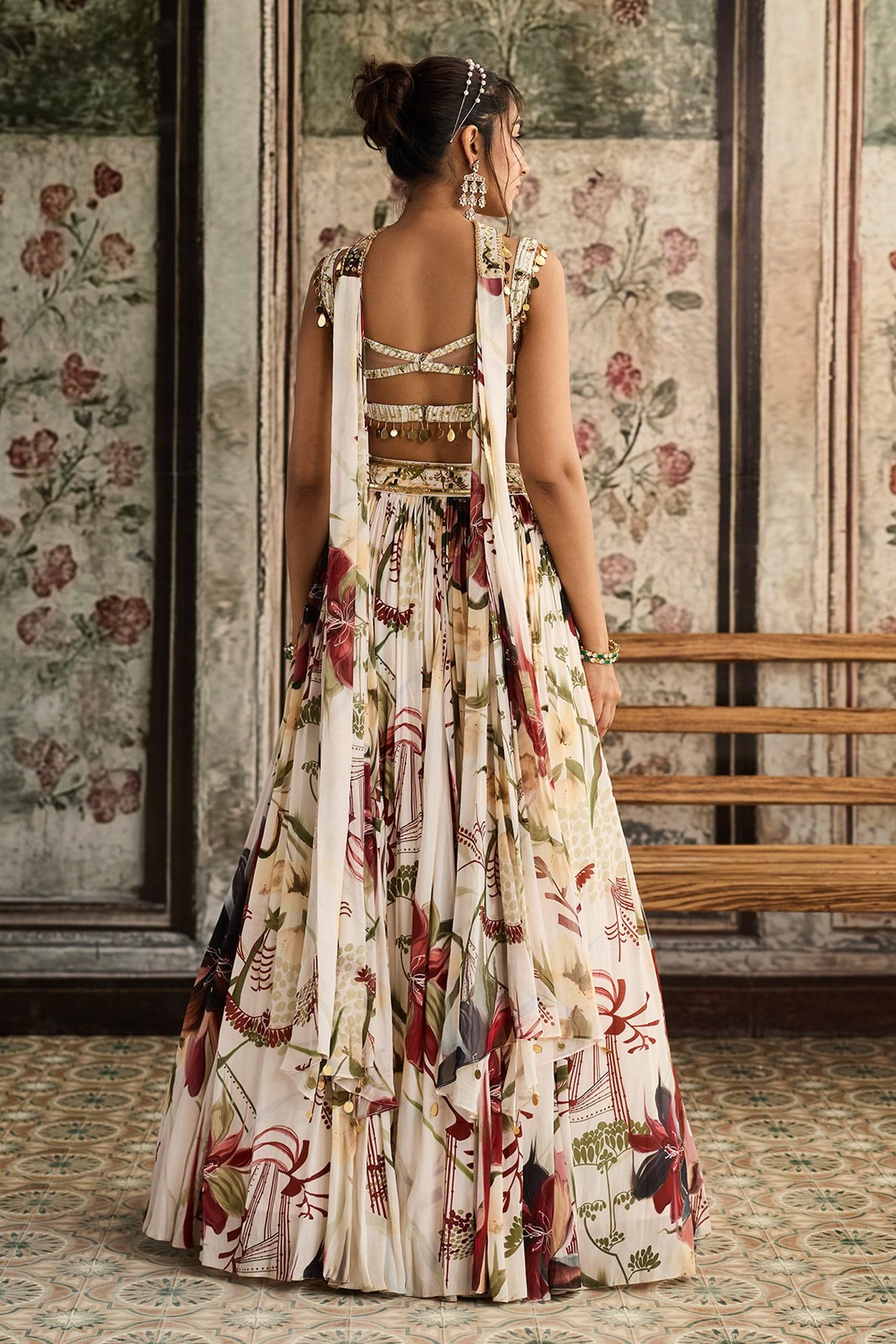 Ivory Crepe, Georgette Sequins, Beads Square Floral Print Designer Lehenga Set - Designer Kurta Set
