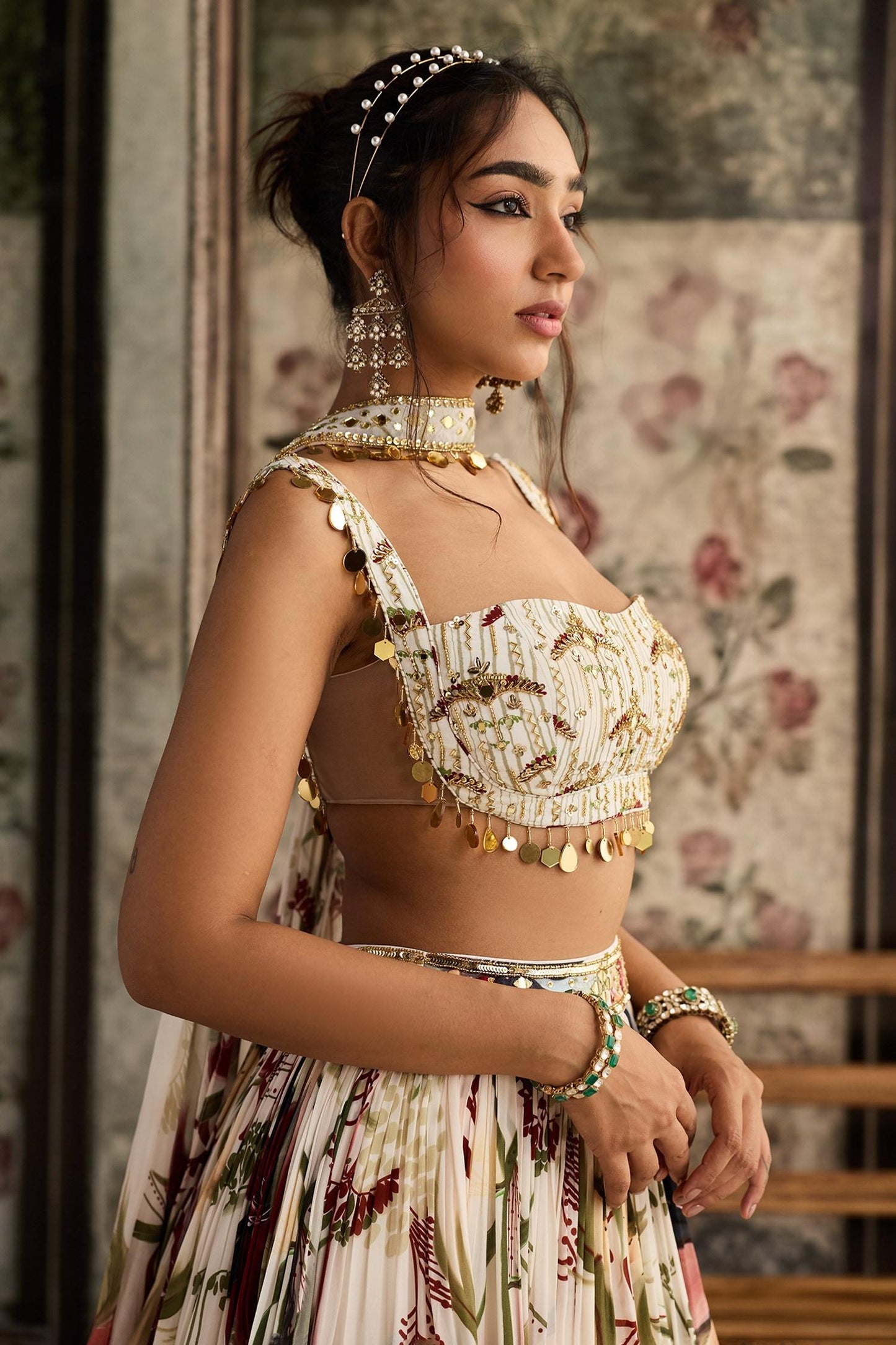 Ivory Crepe, Georgette Sequins, Beads Square Floral Print Designer Lehenga Set - Designer Kurta Set