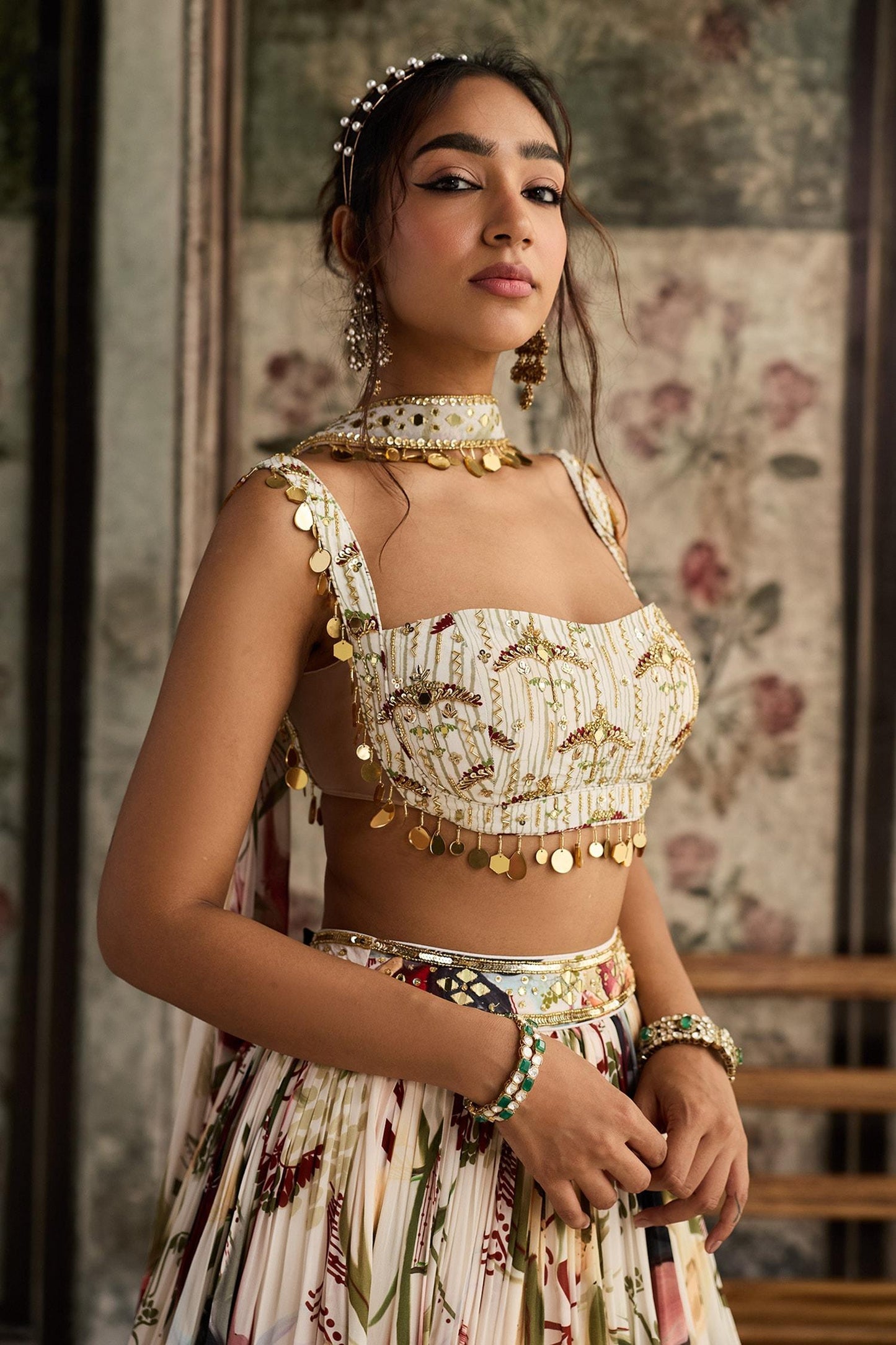 Ivory Crepe, Georgette Sequins, Beads Square Floral Print Designer Lehenga Set - Designer Kurta Set
