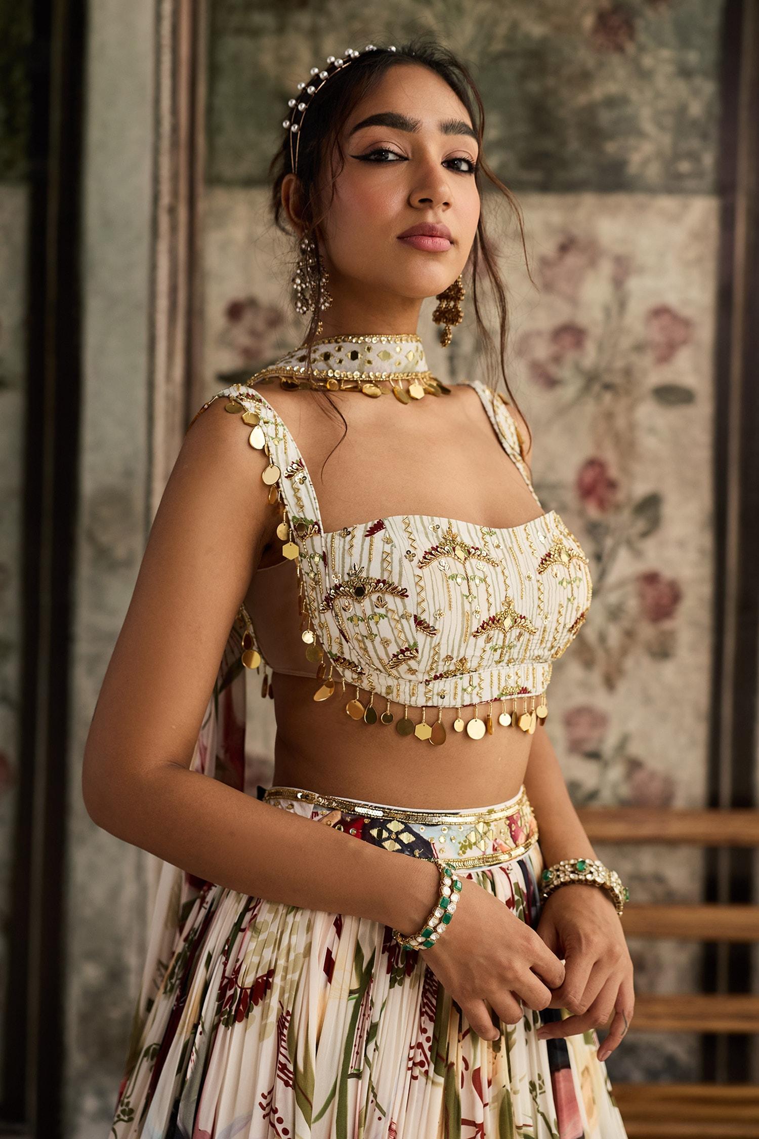 Ivory Crepe, Georgette Sequins, Beads Square Floral Print Designer Lehenga Set - Designer Kurta Set