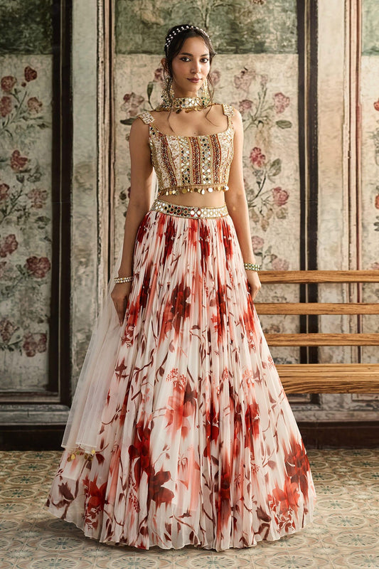Ivory Crepe, Georgette, Tulle Sequins, Mirrors Square Floral Print Lehenga Set - Designer Kurta Set