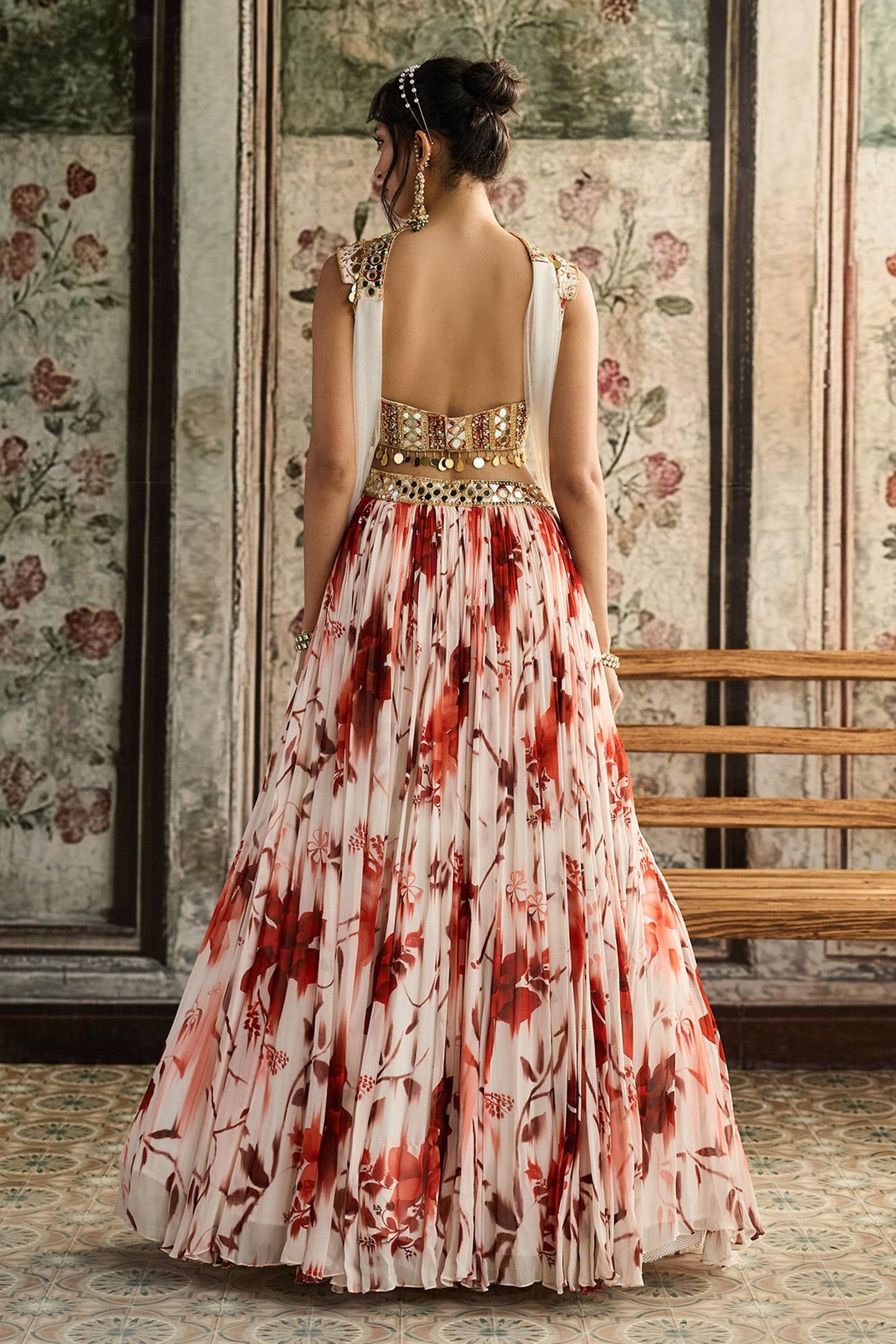 Ivory Crepe, Georgette, Tulle Sequins, Mirrors Square Floral Print Lehenga Set - Designer Kurta Set