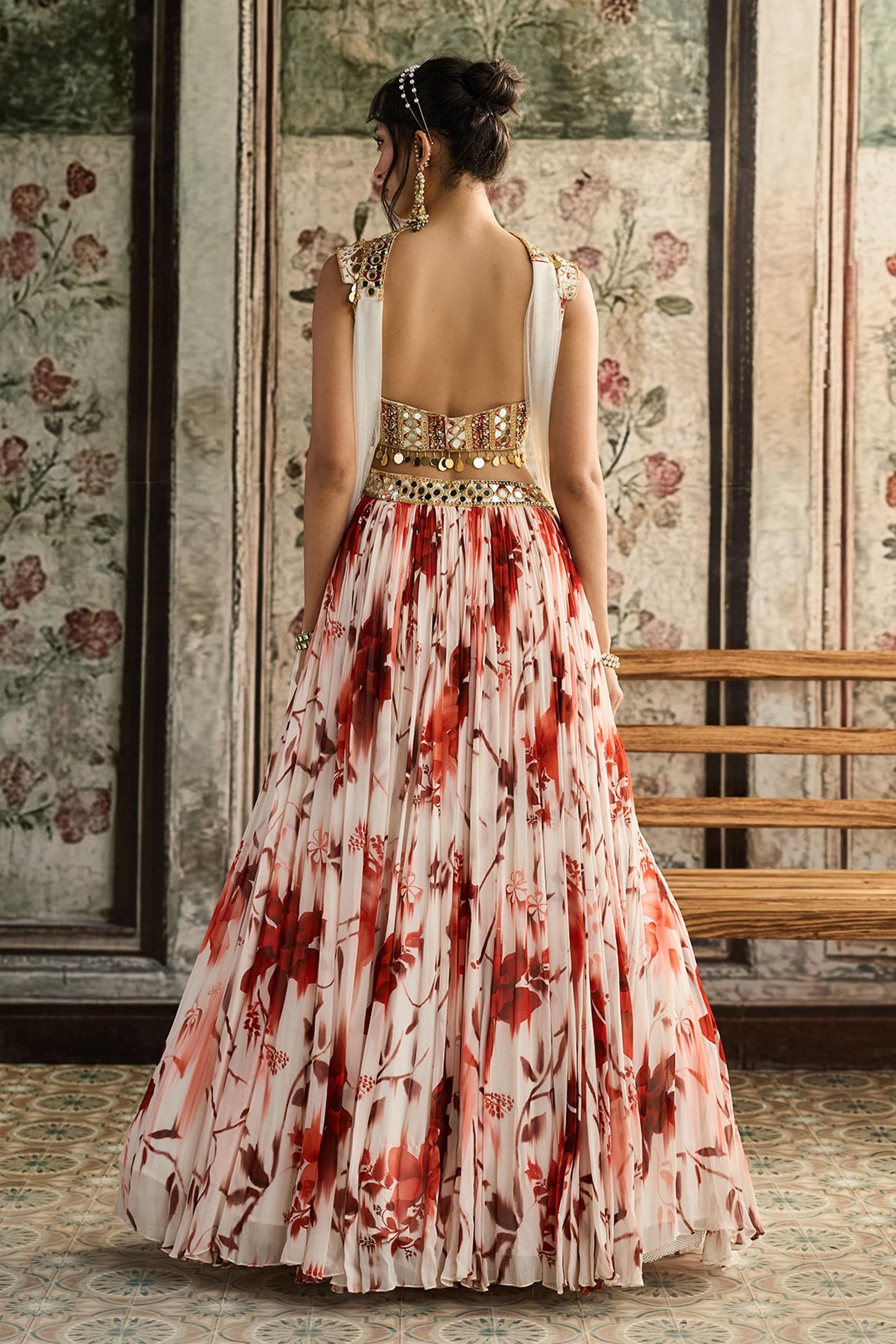 Ivory Crepe, Georgette, Tulle Sequins, Mirrors Square Floral Print Lehenga Set - Designer Kurta Set