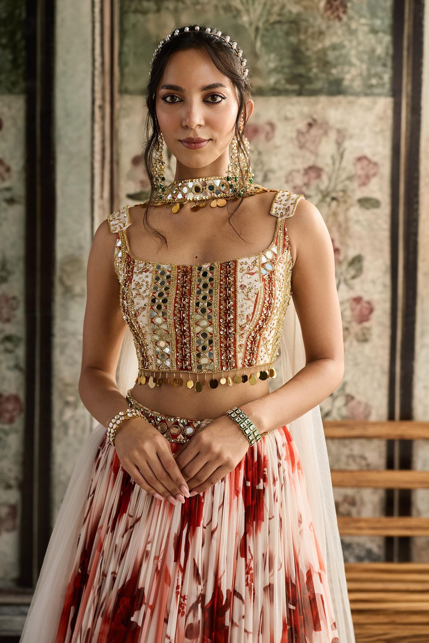 Ivory Crepe, Georgette, Tulle Sequins, Mirrors Square Floral Print Lehenga Set - Designer Kurta Set