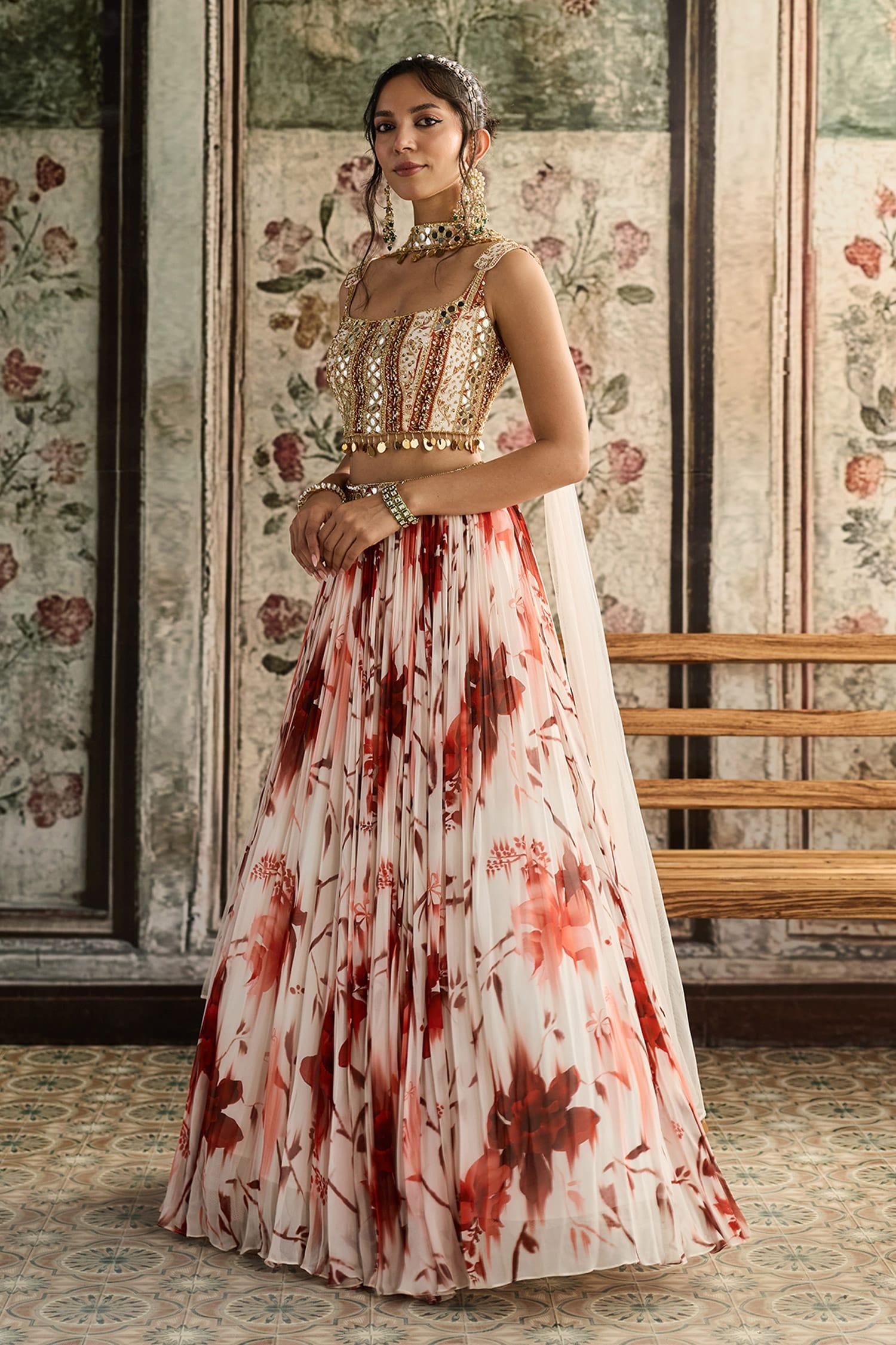 Ivory Crepe, Georgette, Tulle Sequins, Mirrors Square Floral Print Lehenga Set - Designer Kurta Set