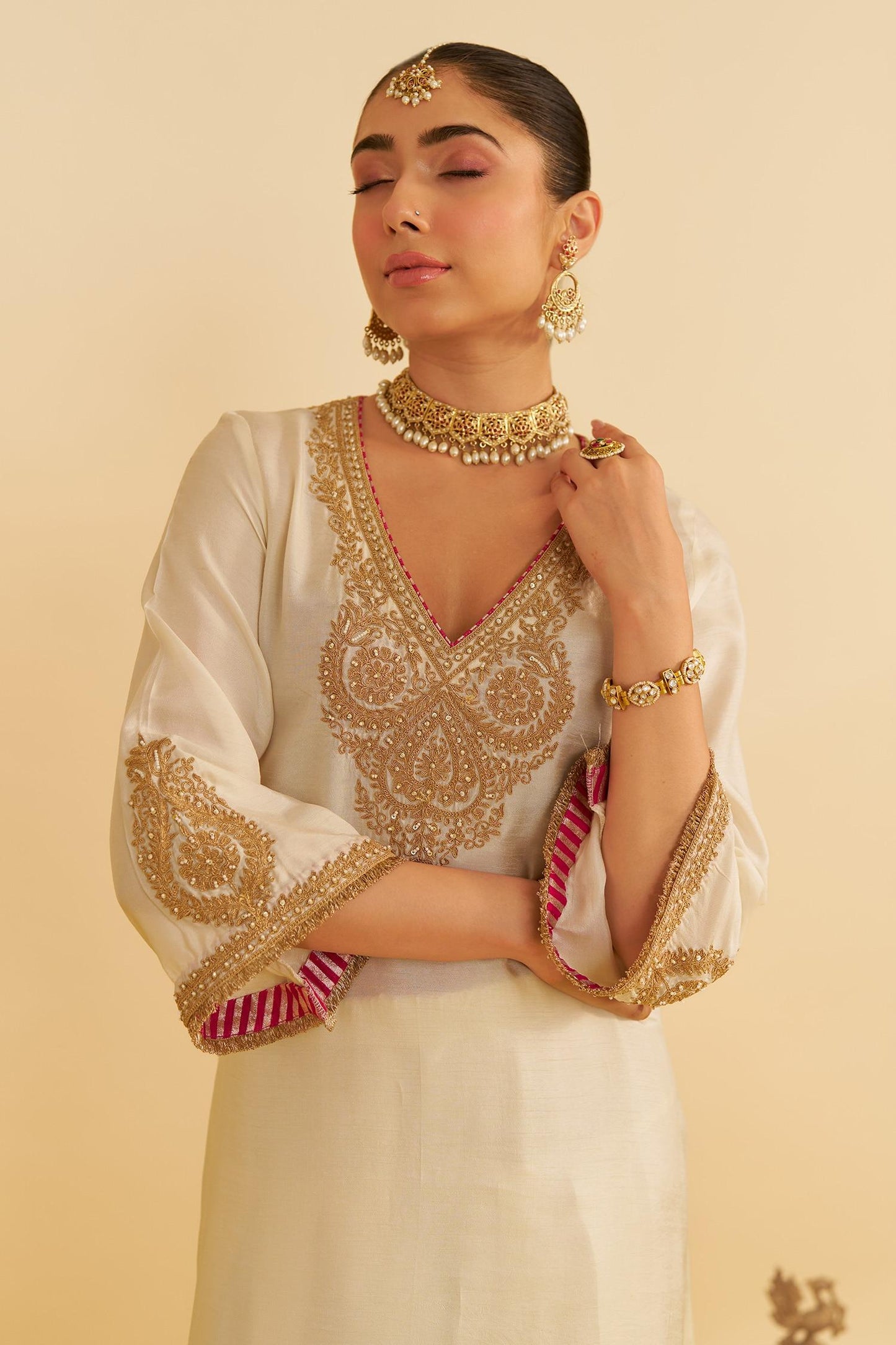 Ivory Embroidery V-neck Haayat Kaftan With Salwar - Designer Kurta Set
