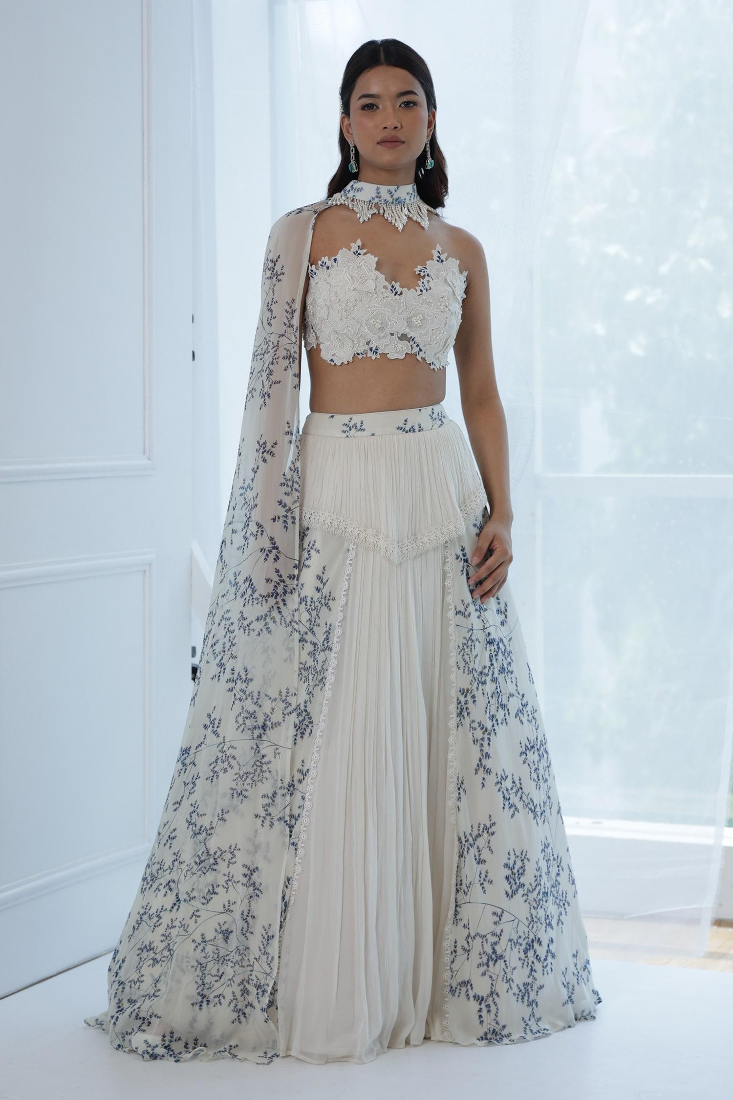 Ivory Georgette Floral, Lace, Pearl Sweetheart Embroidered Crop Top And Skirt Set - Designer Kurta Set
