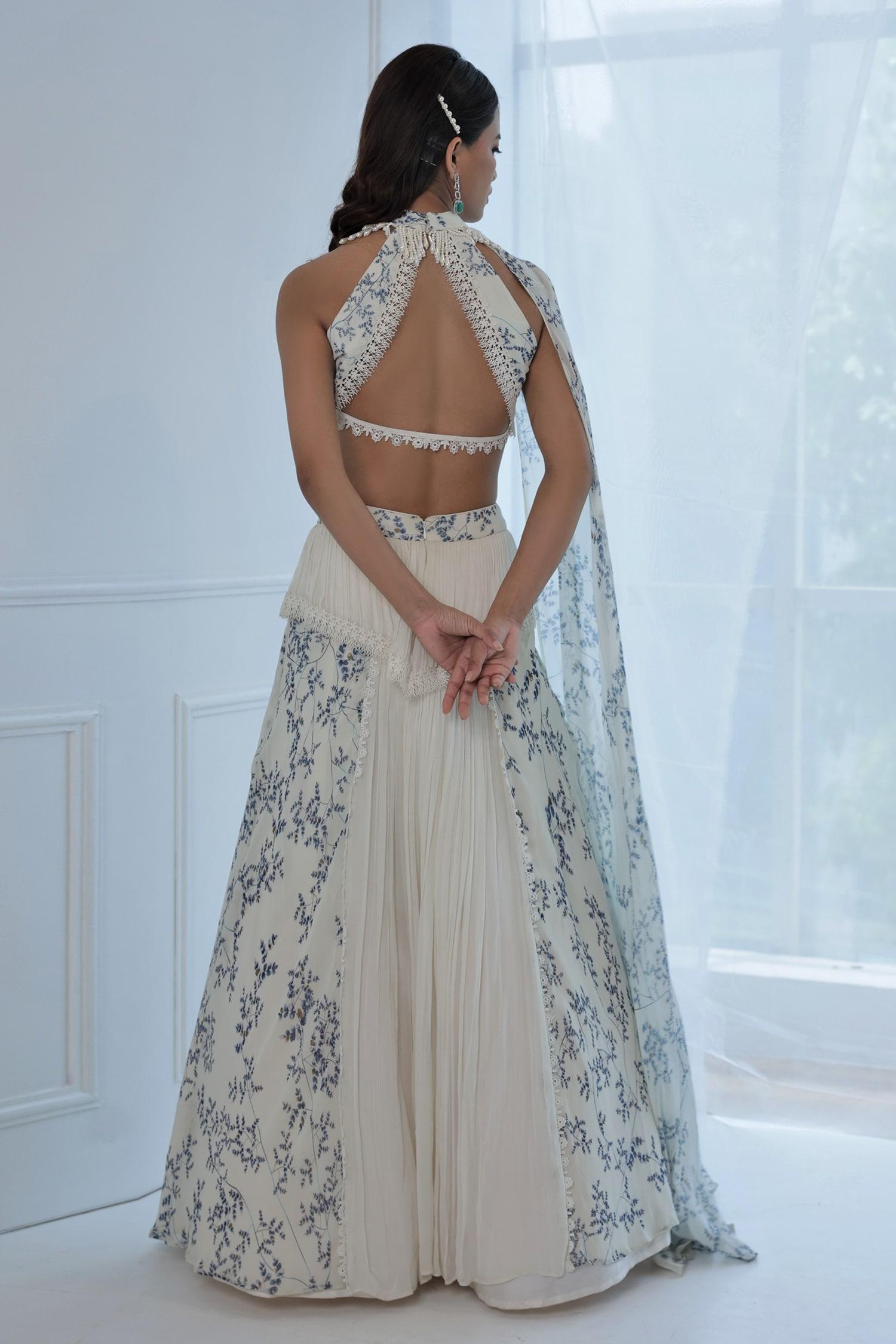 Ivory Georgette Floral, Lace, Pearl Sweetheart Embroidered Crop Top And Skirt Set - Designer Kurta Set