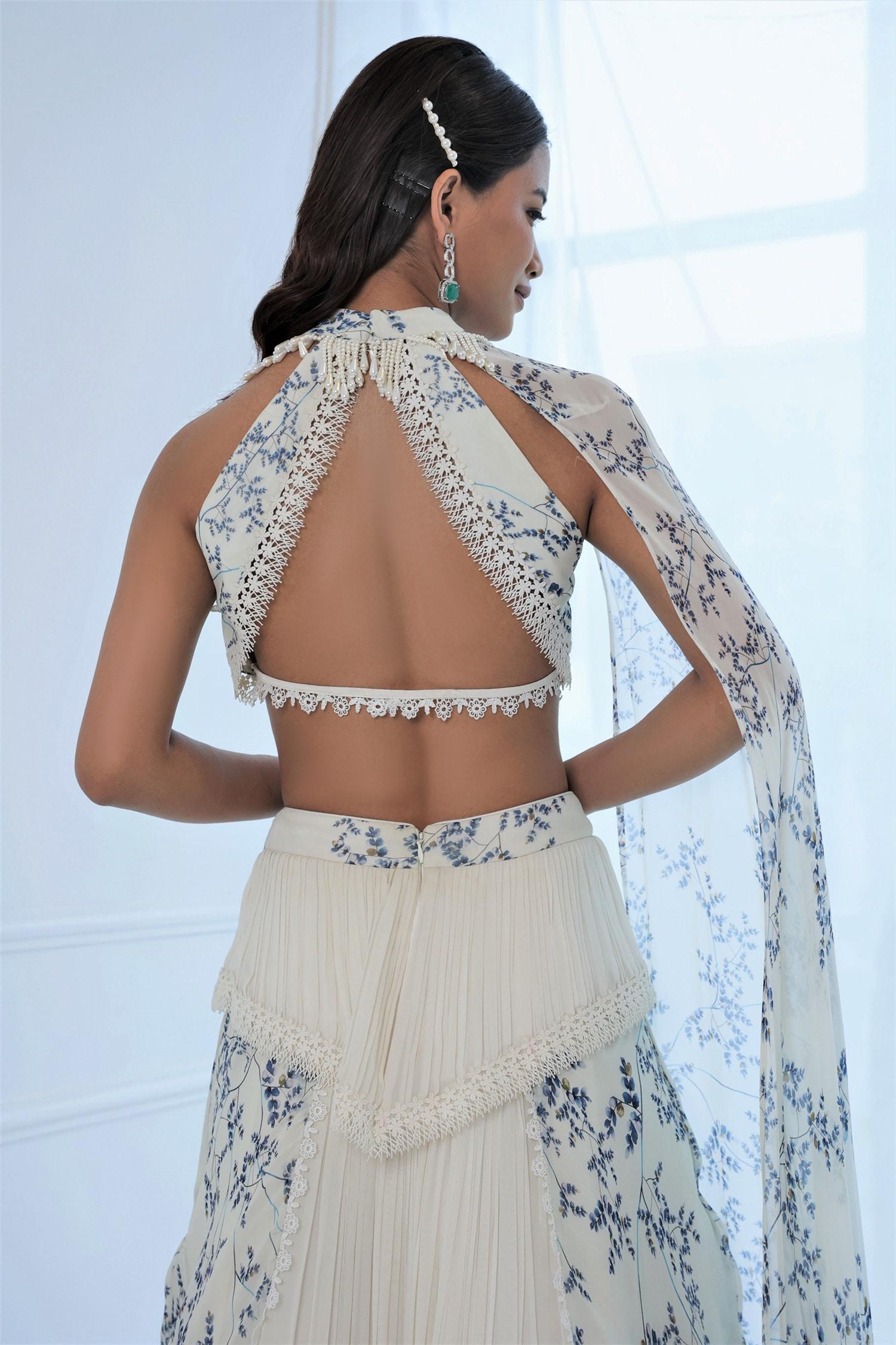 Ivory Georgette Floral, Lace, Pearl Sweetheart Embroidered Crop Top And Skirt Set - Designer Kurta Set