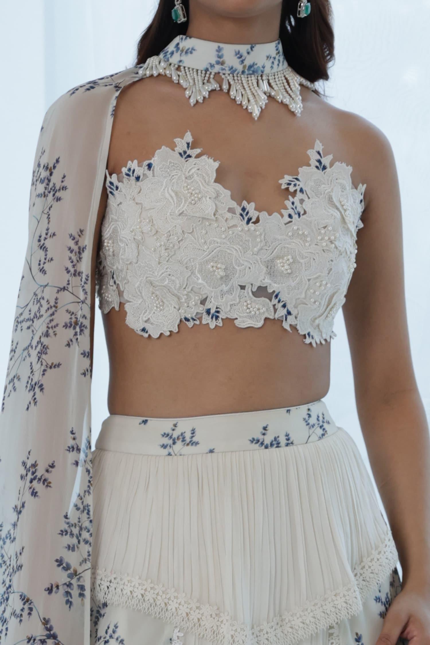 Ivory Georgette Floral, Lace, Pearl Sweetheart Embroidered Crop Top And Skirt Set - Designer Kurta Set