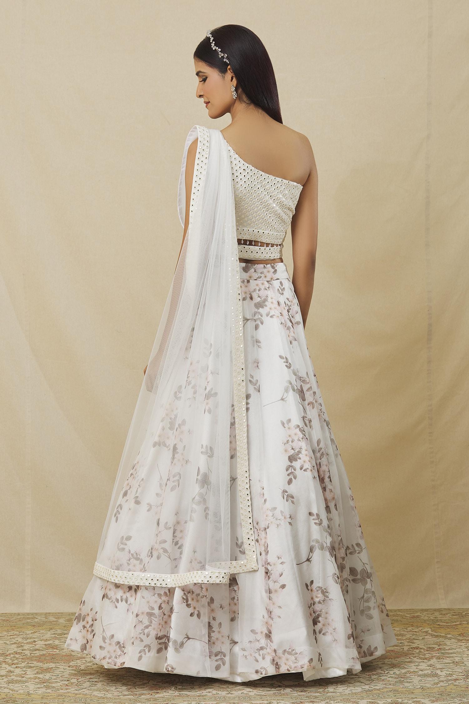 Ivory Organza Mirrors One Shoulder Floral Bud Print Lehenga Set - Designer Kurta Set