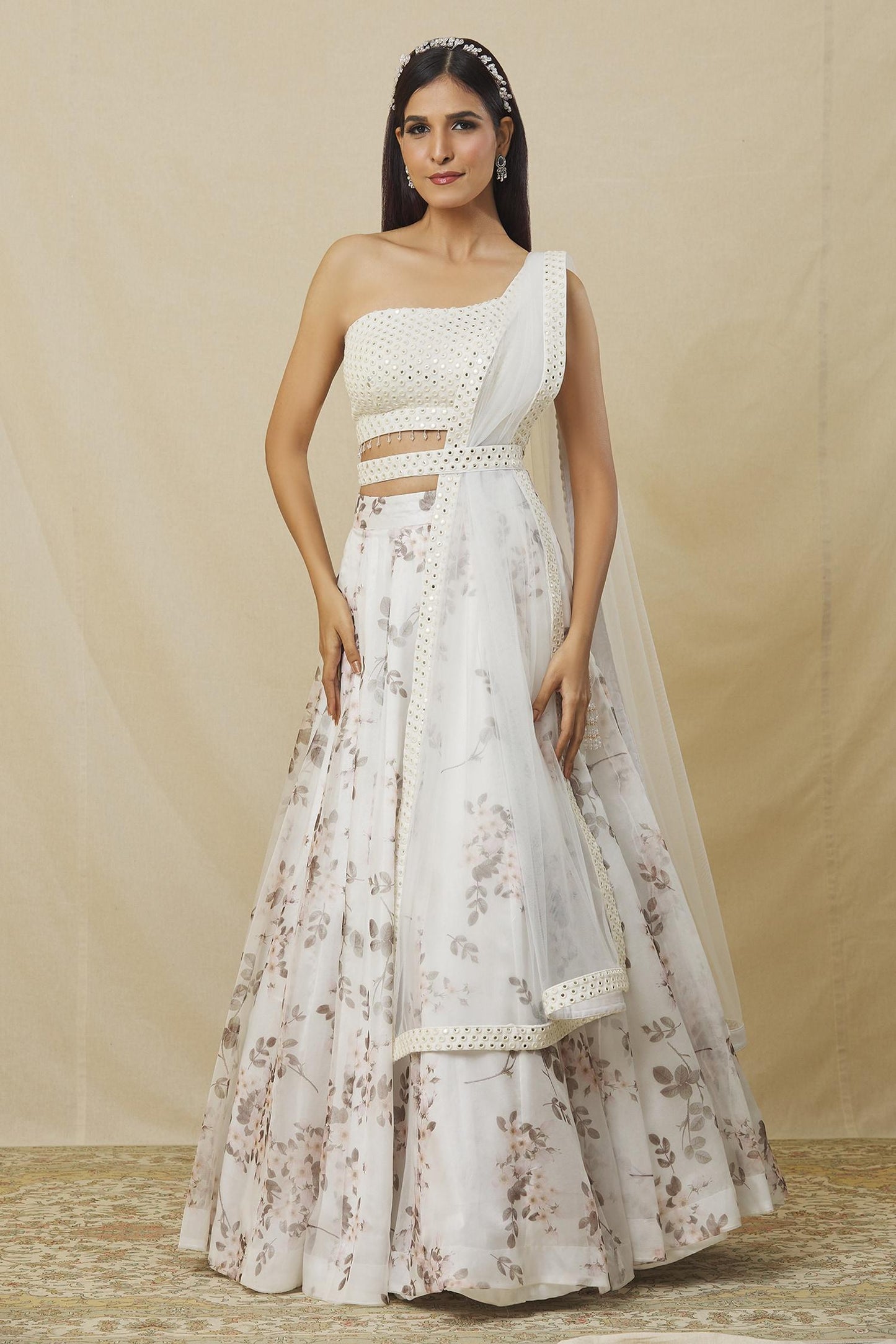 Ivory Organza Mirrors One Shoulder Floral Bud Print Lehenga Set - Designer Kurta Set