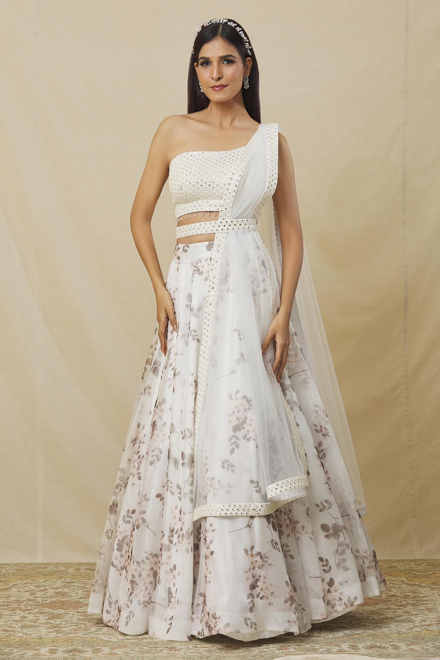Ivory Organza Mirrors One Shoulder Floral Bud Print Lehenga Set - Designer Kurta Set