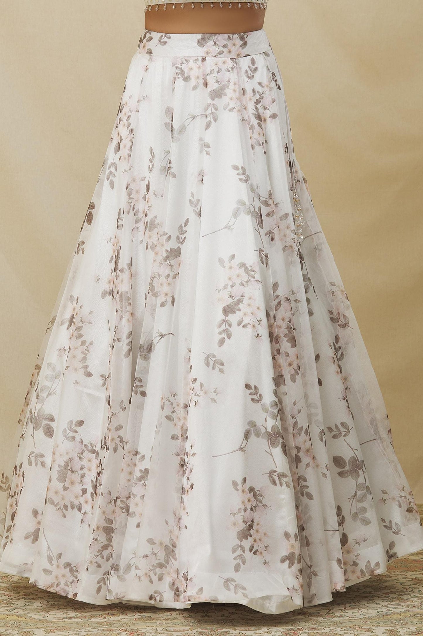 Ivory Organza Mirrors One Shoulder Floral Bud Print Lehenga Set - Designer Kurta Set