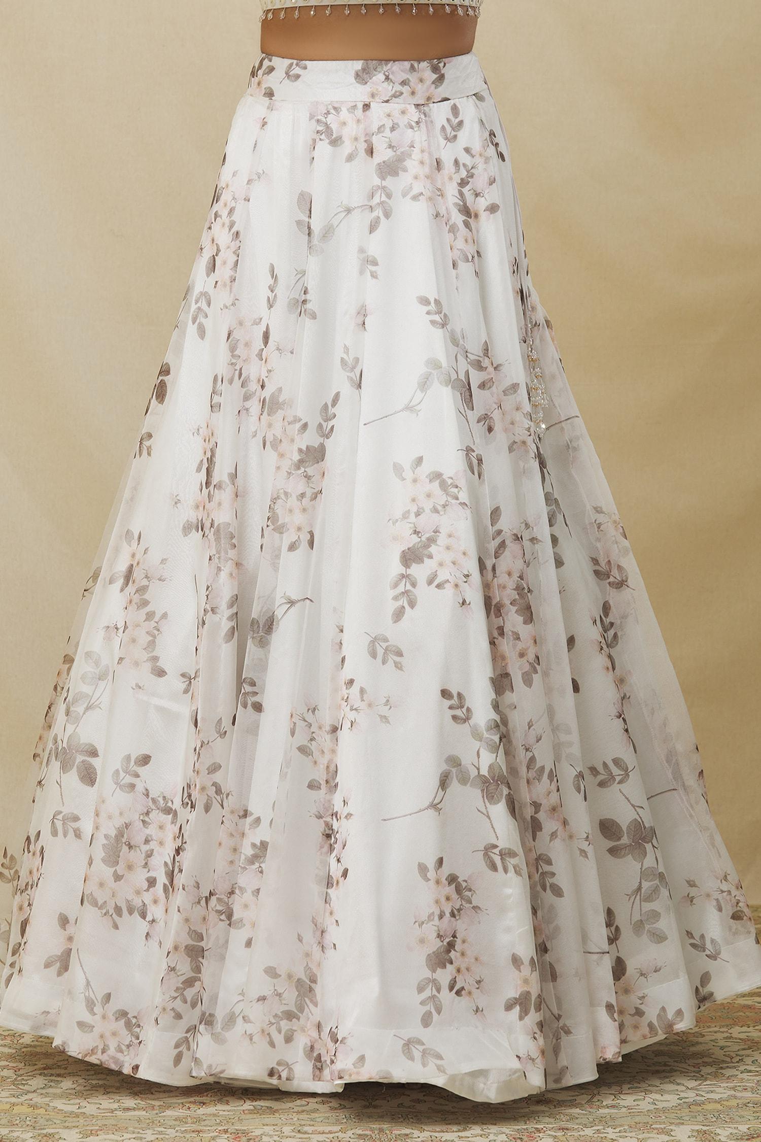 Ivory Organza Mirrors One Shoulder Floral Bud Print Lehenga Set - Designer Kurta Set