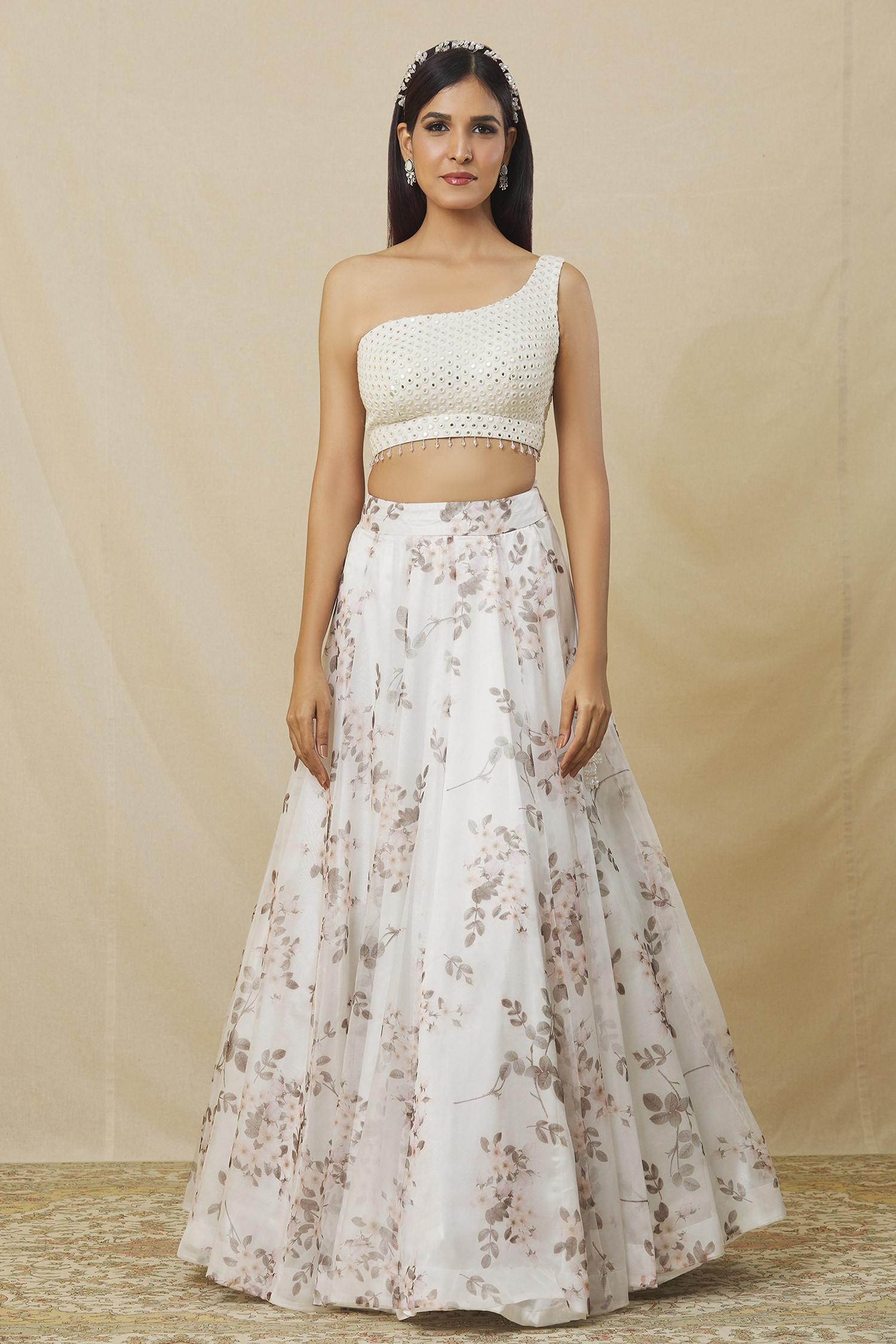 Ivory Organza Mirrors One Shoulder Floral Bud Print Lehenga Set - Designer Kurta Set