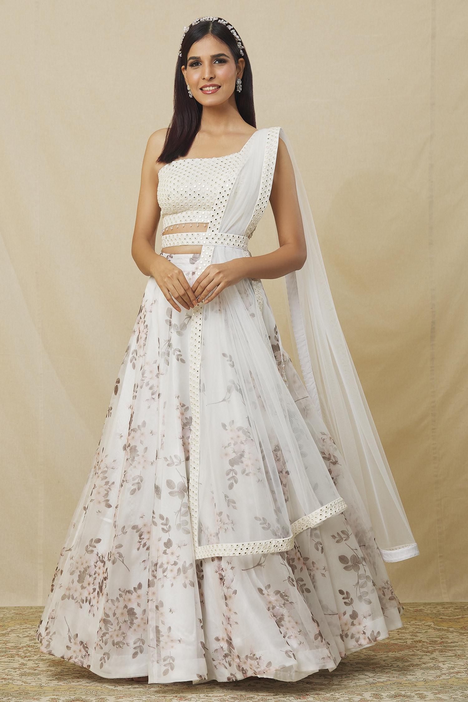 Ivory Organza Mirrors One Shoulder Floral Bud Print Lehenga Set - Designer Kurta Set