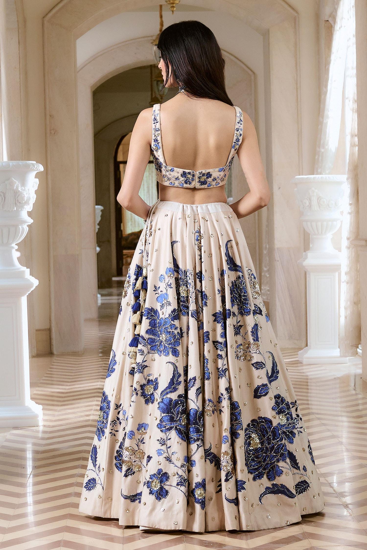 Ivory Organza Sequins, Embroidery Square Neck Floral Print Lehenga Set - Designer Kurta Set