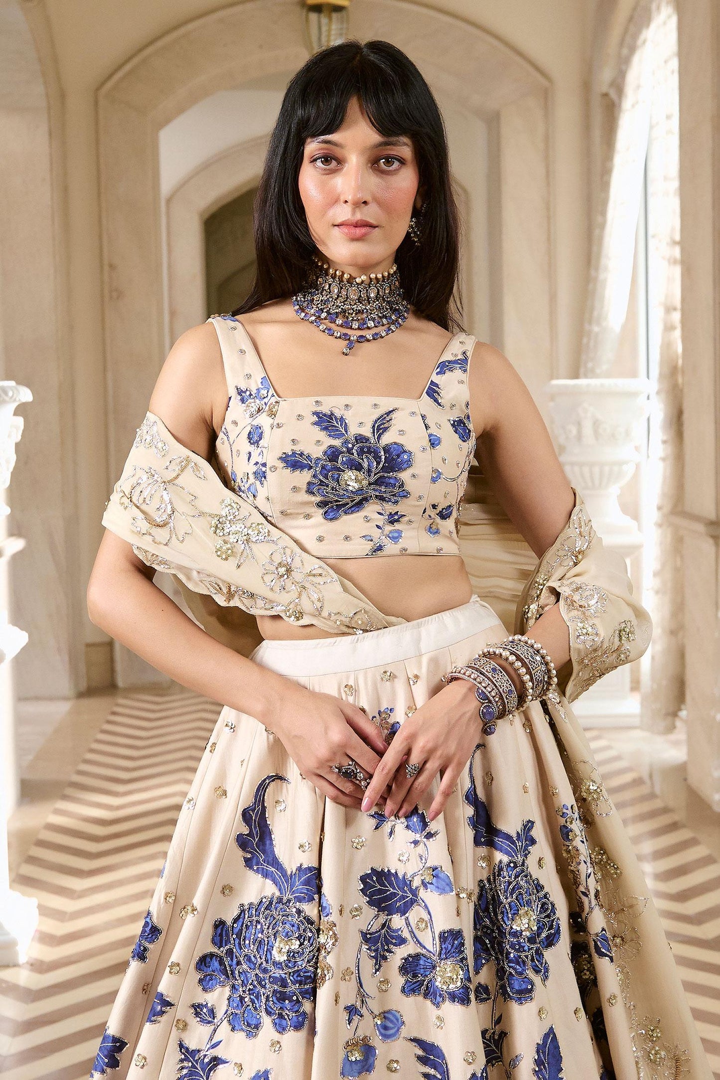 Ivory Organza Sequins, Embroidery Square Neck Floral Print Lehenga Set - Designer Kurta Set