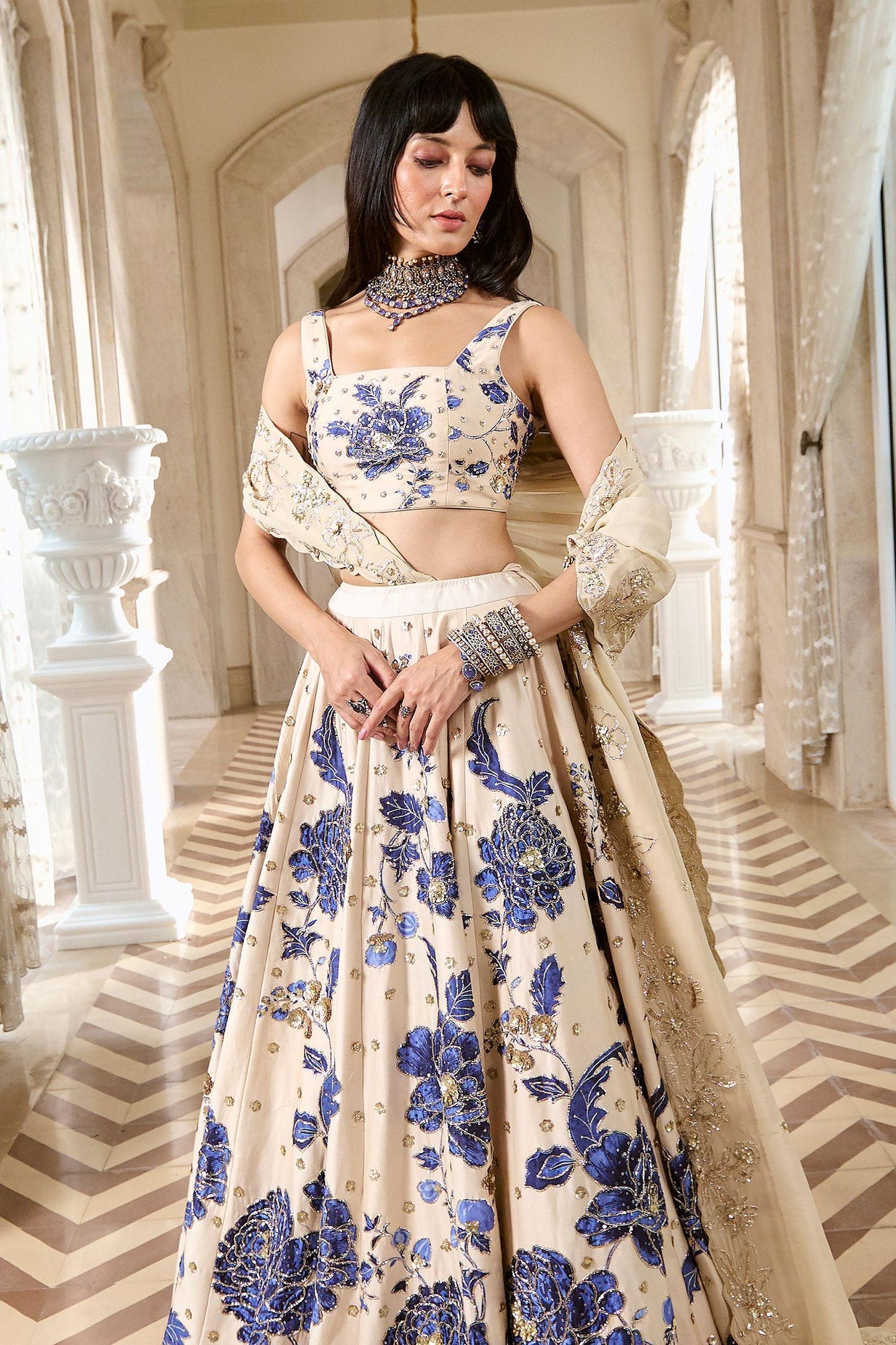 Ivory Organza Sequins, Embroidery Square Neck Floral Print Lehenga Set - Designer Kurta Set