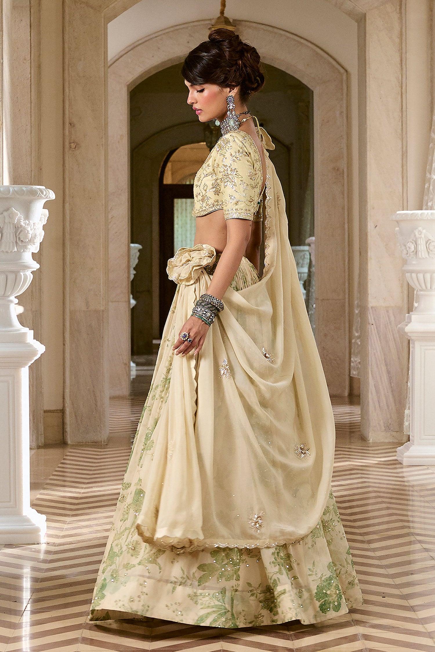 Ivory Organza, Shantoon Embroidery, Tassels V-neck Printed Lehenga Set - Designer Kurta Set