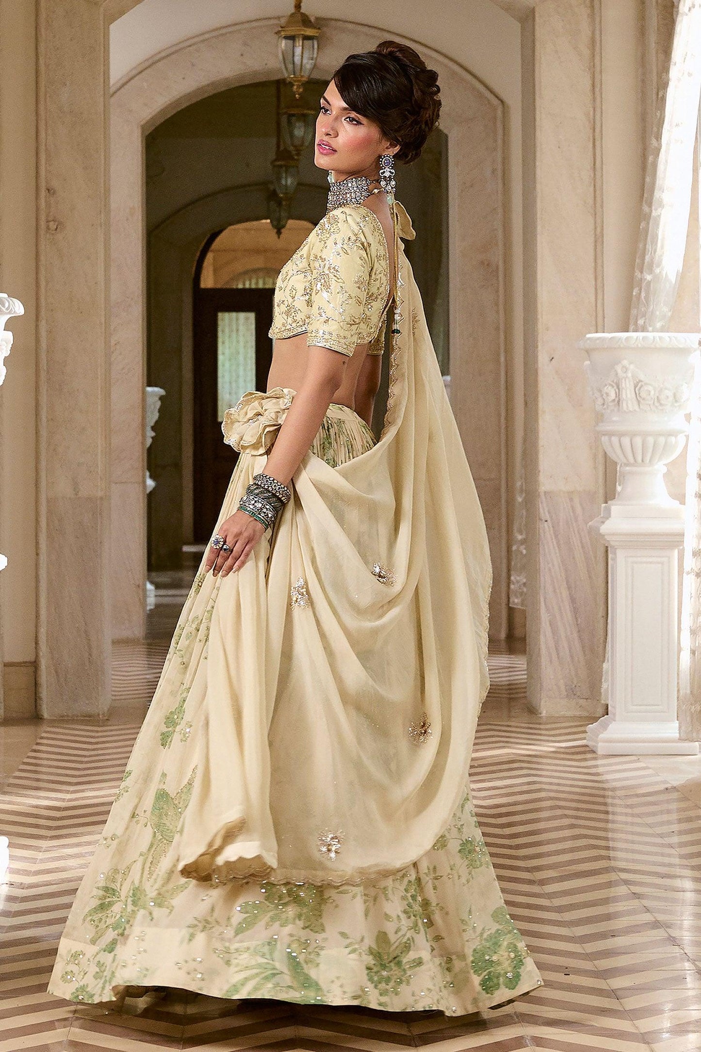 Ivory Organza, Shantoon Embroidery, Tassels V-neck Printed Lehenga Set - Designer Kurta Set