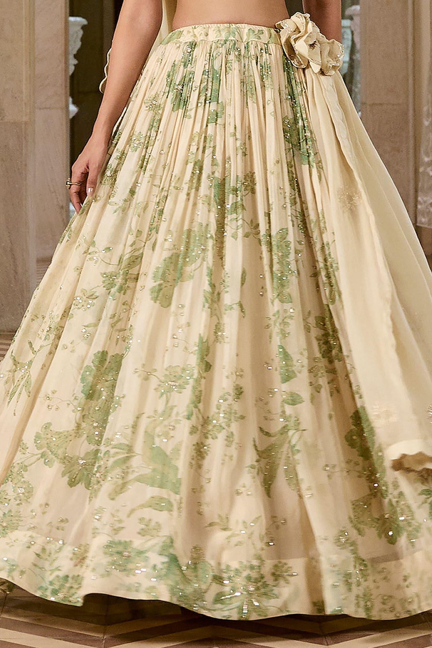 Ivory Organza, Shantoon Embroidery, Tassels V-neck Printed Lehenga Set - Designer Kurta Set