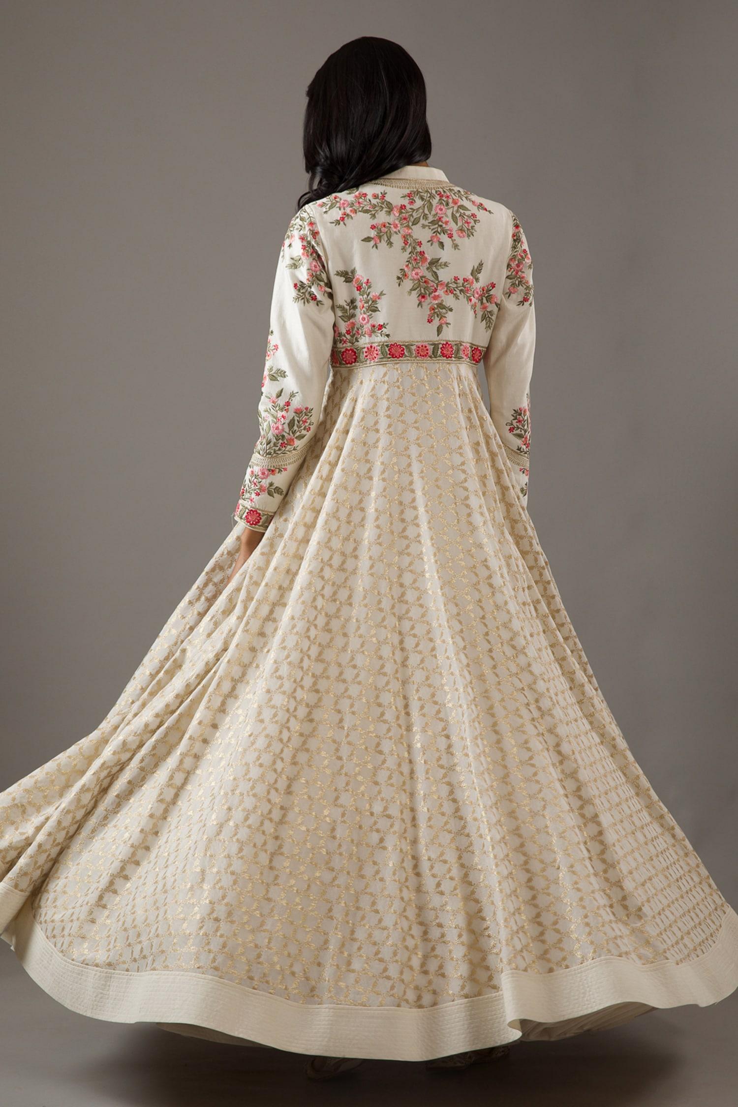 Ivory Silk, Chanderi, Cotton Embroidery Dahlia Bloom Banasai Jaal Anarkali Set - Designer Kurta Set