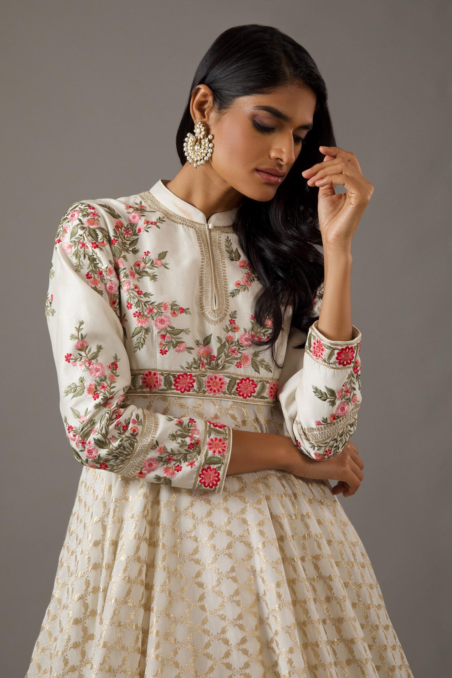 Ivory Silk, Chanderi, Cotton Embroidery Dahlia Bloom Banasai Jaal Anarkali Set - Designer Kurta Set