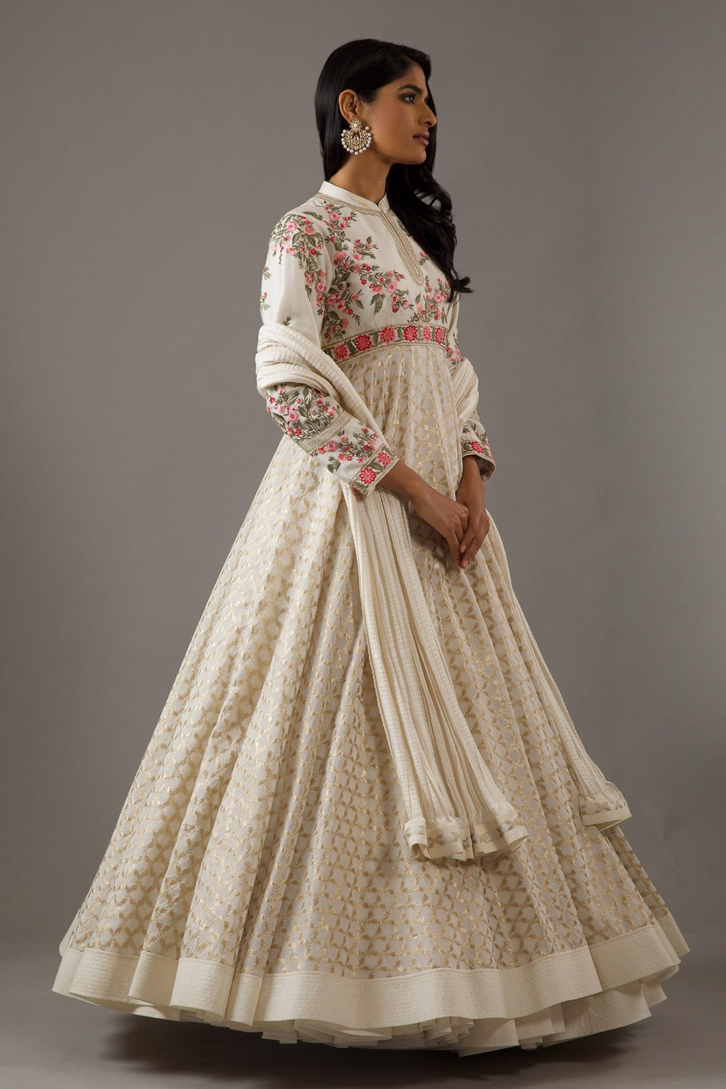 Ivory Silk, Chanderi, Cotton Embroidery Dahlia Bloom Banasai Jaal Anarkali Set - Designer Kurta Set